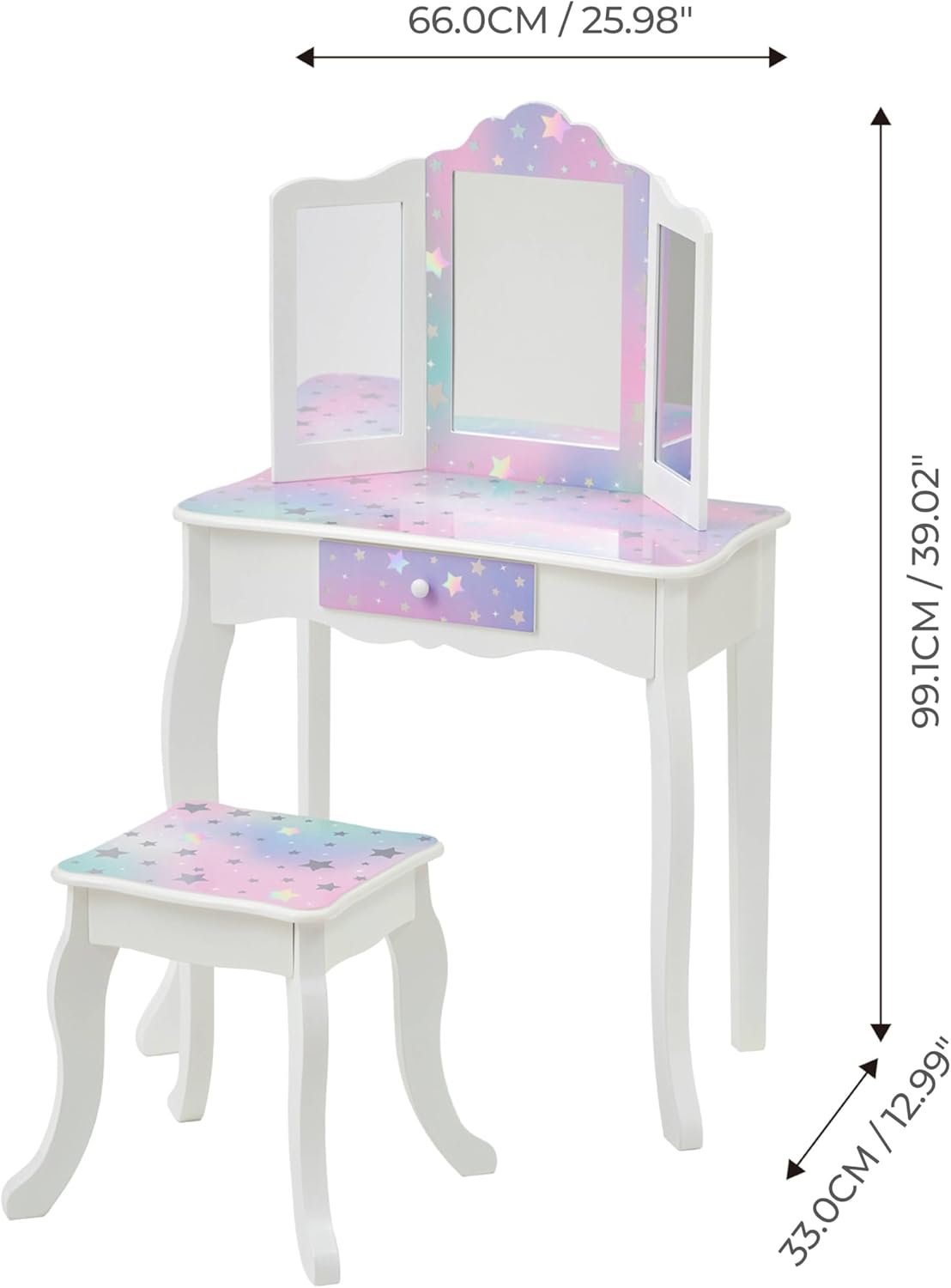 Teamson Kids Pretend Play Kids Vanity, Table & Chair Vanity Set with Mirror, Girls Makeup Dressing Table with Storage Drawer & Polka Dot Print, Gisele Collection, Pink/Gold