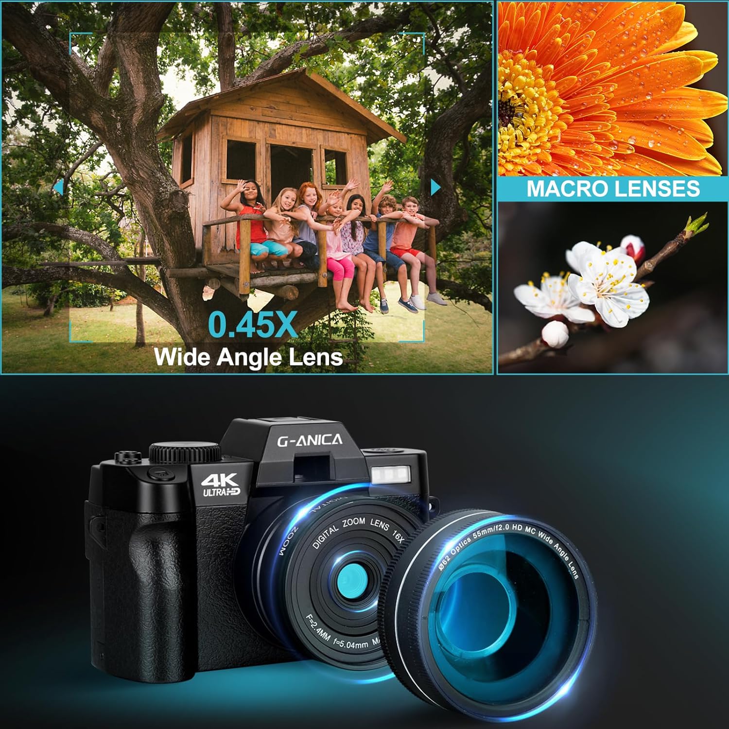 G-Anica Digital Camera, 48MP Cameras for Photography with WiFi & App Control, 4K Vlogging Camera for YouTube,Compact Camera,Perfect for Entry-Level Users and Beginners with Macro&Wide Lens-32GB Card