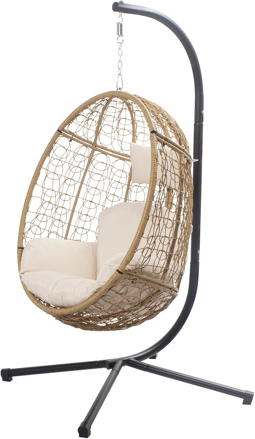 VARVIND Wicker Patio Hammock Swing Chair with Stand & Leg Rest for Indoor Outdoor, Hanging Egg Chair with UV Resistant Detachable Seat Cushion for Balcony, Bedroom, Garden,350Lbs Capacity(Beige)