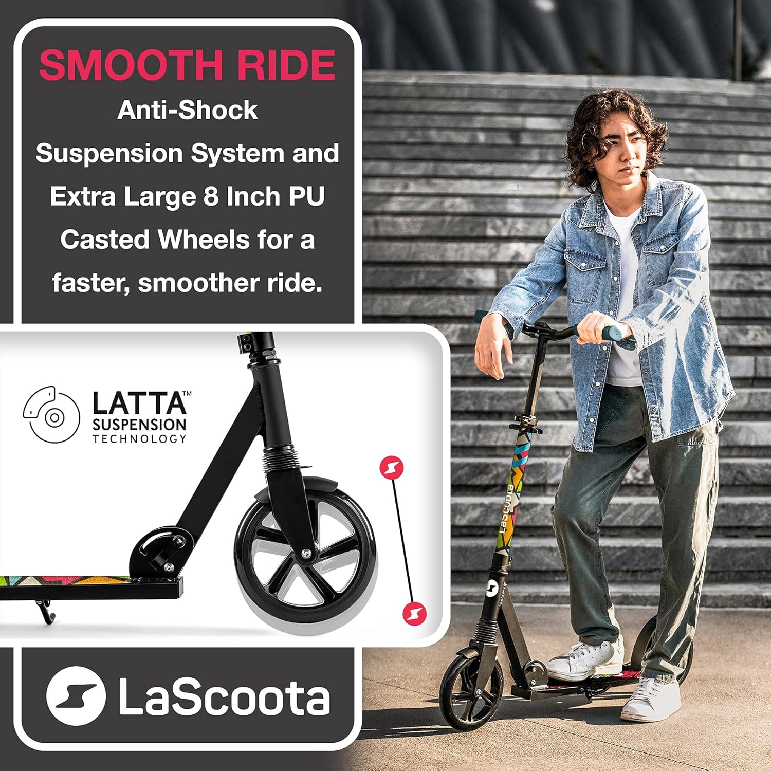 LaScoota Kick Scooter for Kids Ages 6+, Teens & Adults, Large 8 Sturdy Urethane Wheels. Adjustable Handlebar, Lightweight, Foldable, 220lbs Max Load