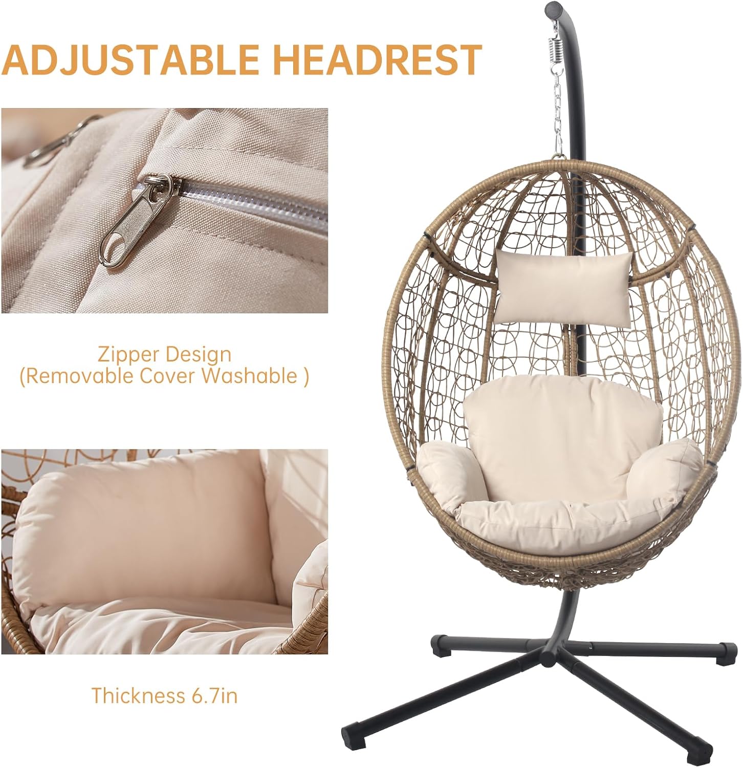 VARVIND Wicker Patio Hammock Swing Chair with Stand & Leg Rest for Indoor Outdoor, Hanging Egg Chair with UV Resistant Detachable Seat Cushion for Balcony, Bedroom, Garden,350Lbs Capacity(Beige)