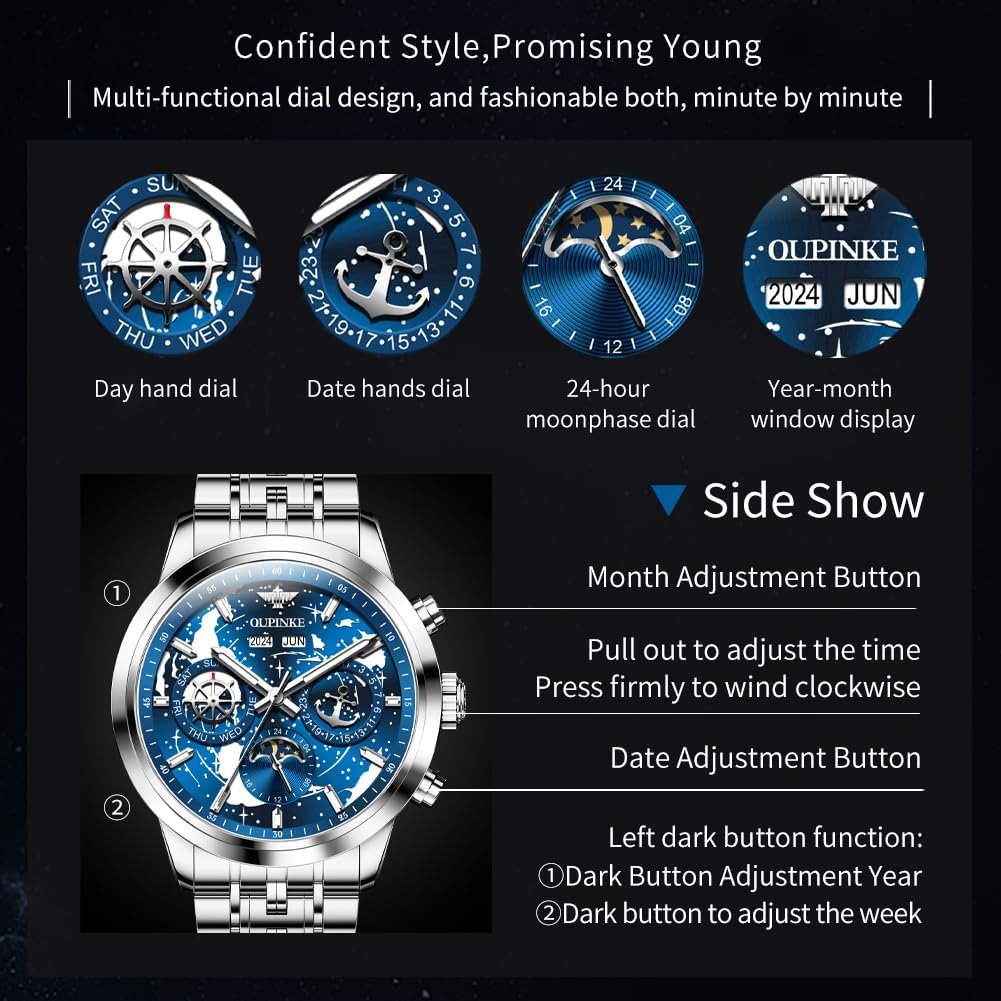 OUPINKE Men's Automatic Watch Self Winding Mechanical Luxury Wrist Watch Sapphire Crystal Tungsten Steel