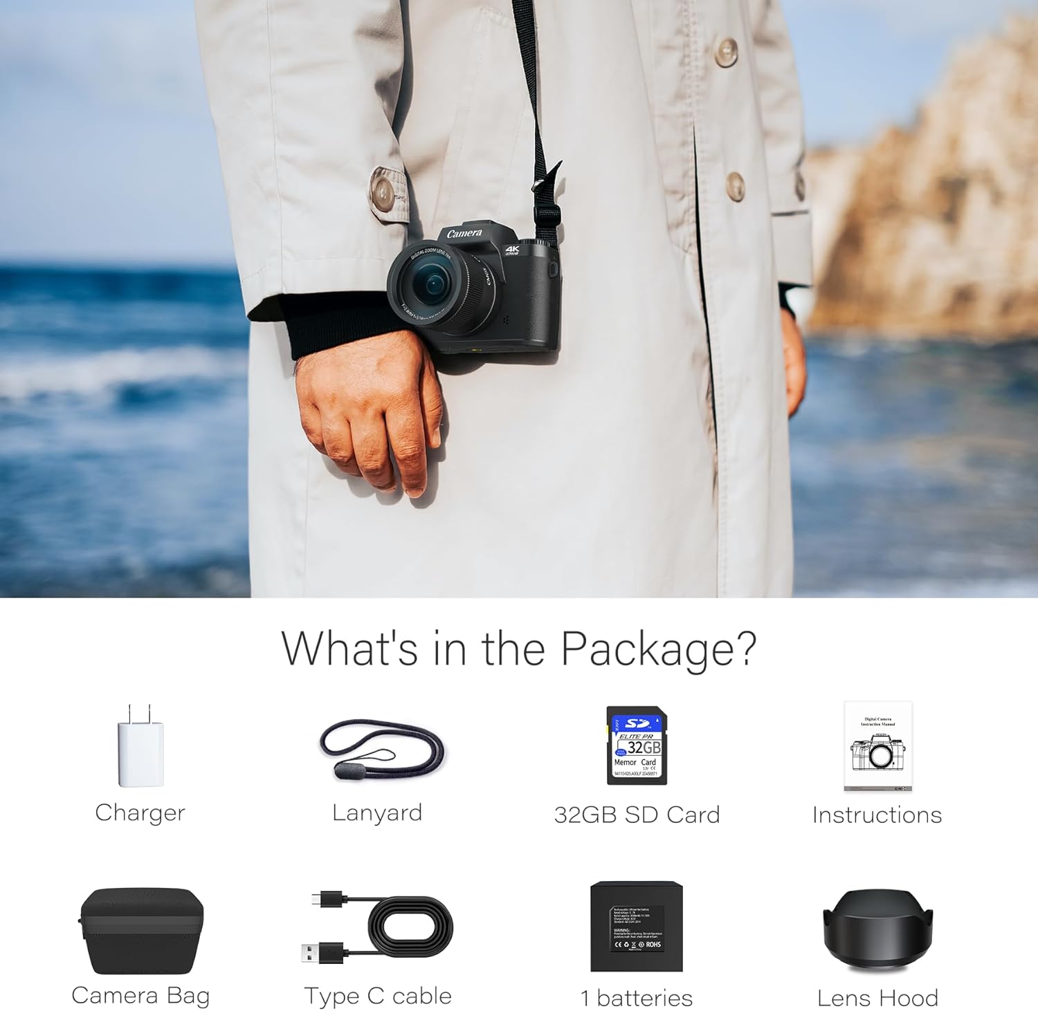 Saneen Digital Camera, 8k Cameras for Photography, 64MP WiFi Touch Screen Vlogging Camera with Flash, 32GB SD Card, Lens Hood,3000mAH Battery, Front and Rear Cameras,Hot Shoe Interface Beginner