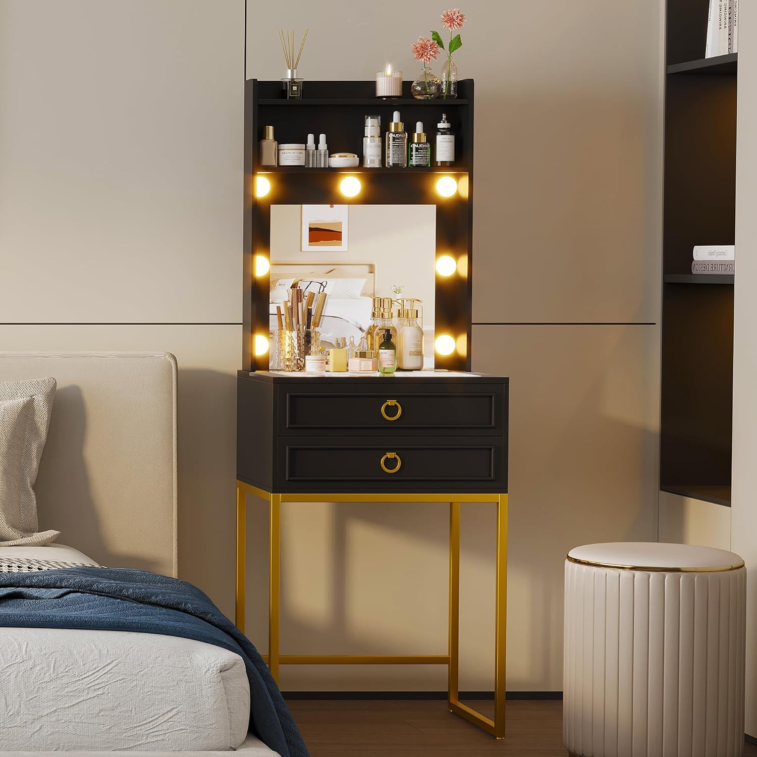 LVSOMT Small Makeup Vanity with Glass Top, White Vanity Desk with Lighted Mirror and Lights, Mini Makeup Table with Motion Sensor, Corner Dressing Table for Bedroom, Apartment