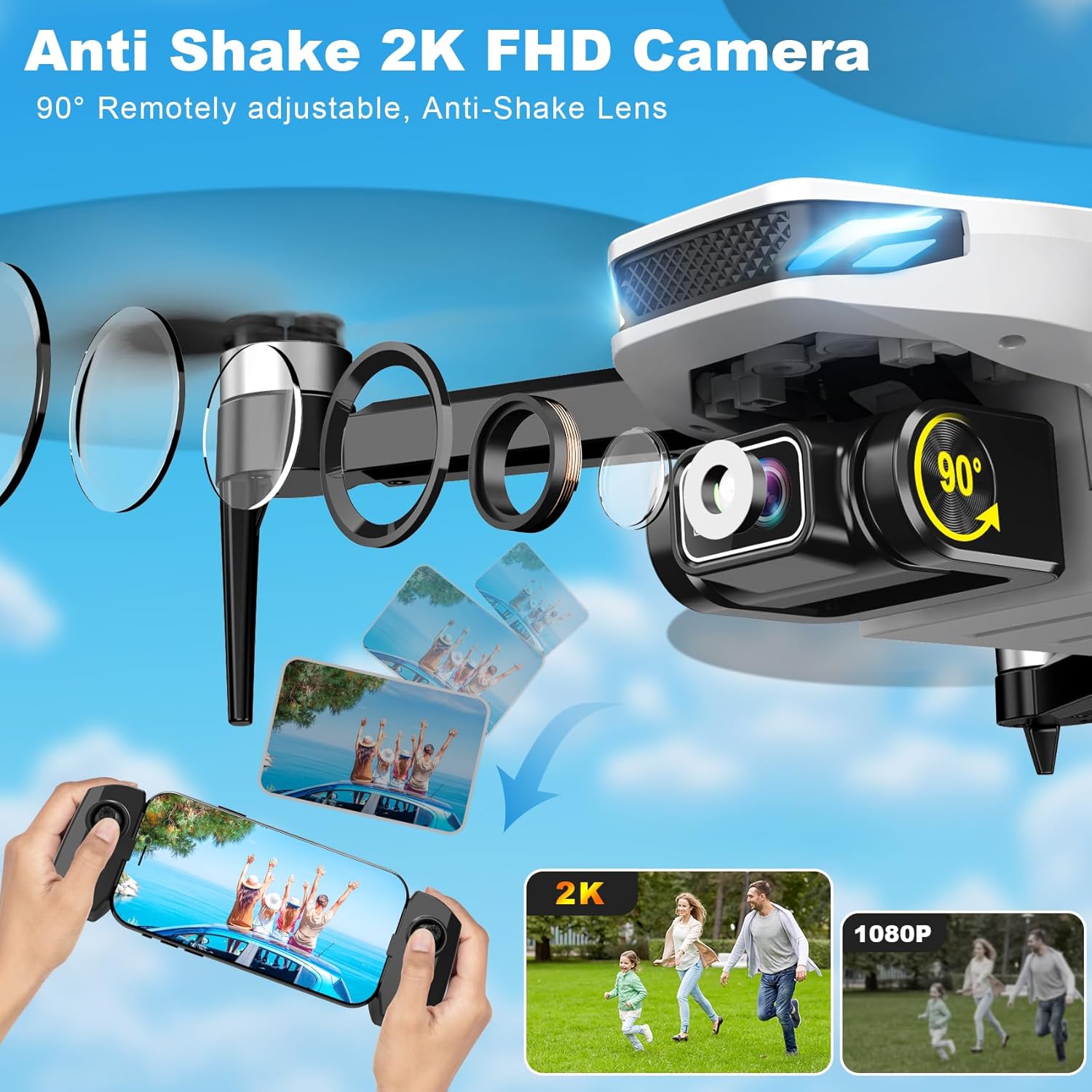 Dron con cámara, 2K FPV Drone con motor sin escobillas, retención de altitud, selfie gesto, despegue/aterrizaje con una tecla, giros 3D, vuelo de punto de referencia, 2 baterías, mini drones plegables