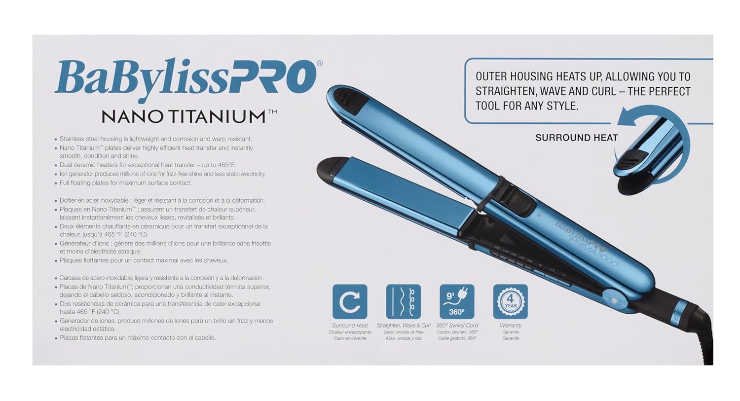 BaBylissPRO Nano Titanium Prima Ionic Hair Straightener, Curl and Straighten Hair With One Professional Tool