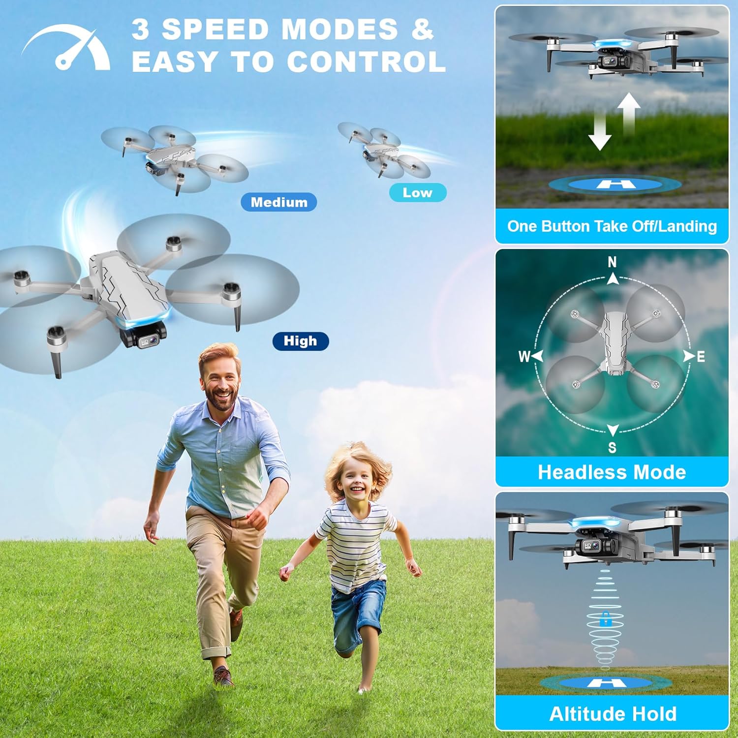 Dron con cámara, 2K HD FPV Drone con motor sin escobillas, 360 ° de labio, Waypoint Fly, Gesture Selfie, despegue y aterrizaje con una tecla, Mini Drone plegable para principiantes