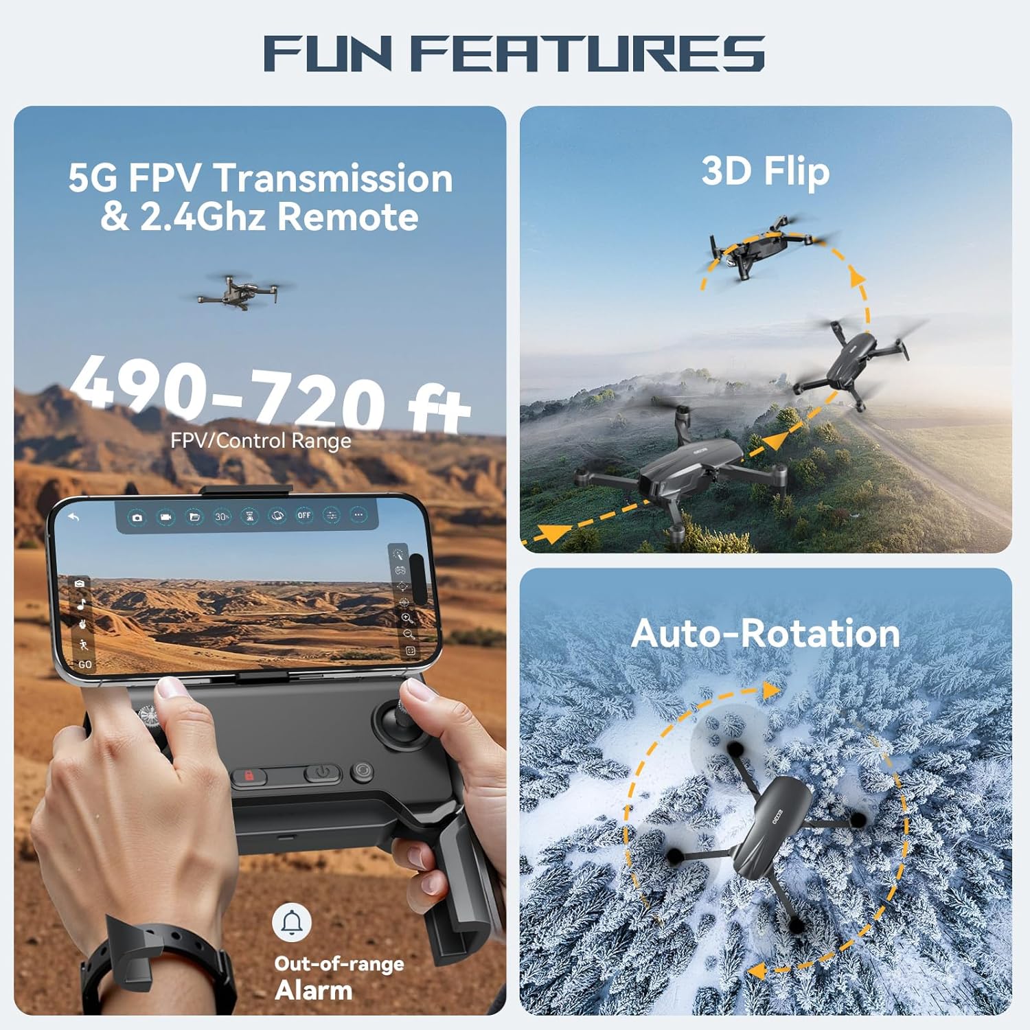 Dron motor sin escobillas con cámara 4K para adultos de largo alcance FPV Video RC Drone con posicionamiento óptico, transmisión 5G, lente ajustable de 90° FOV de 120°, 2 baterías, funda de