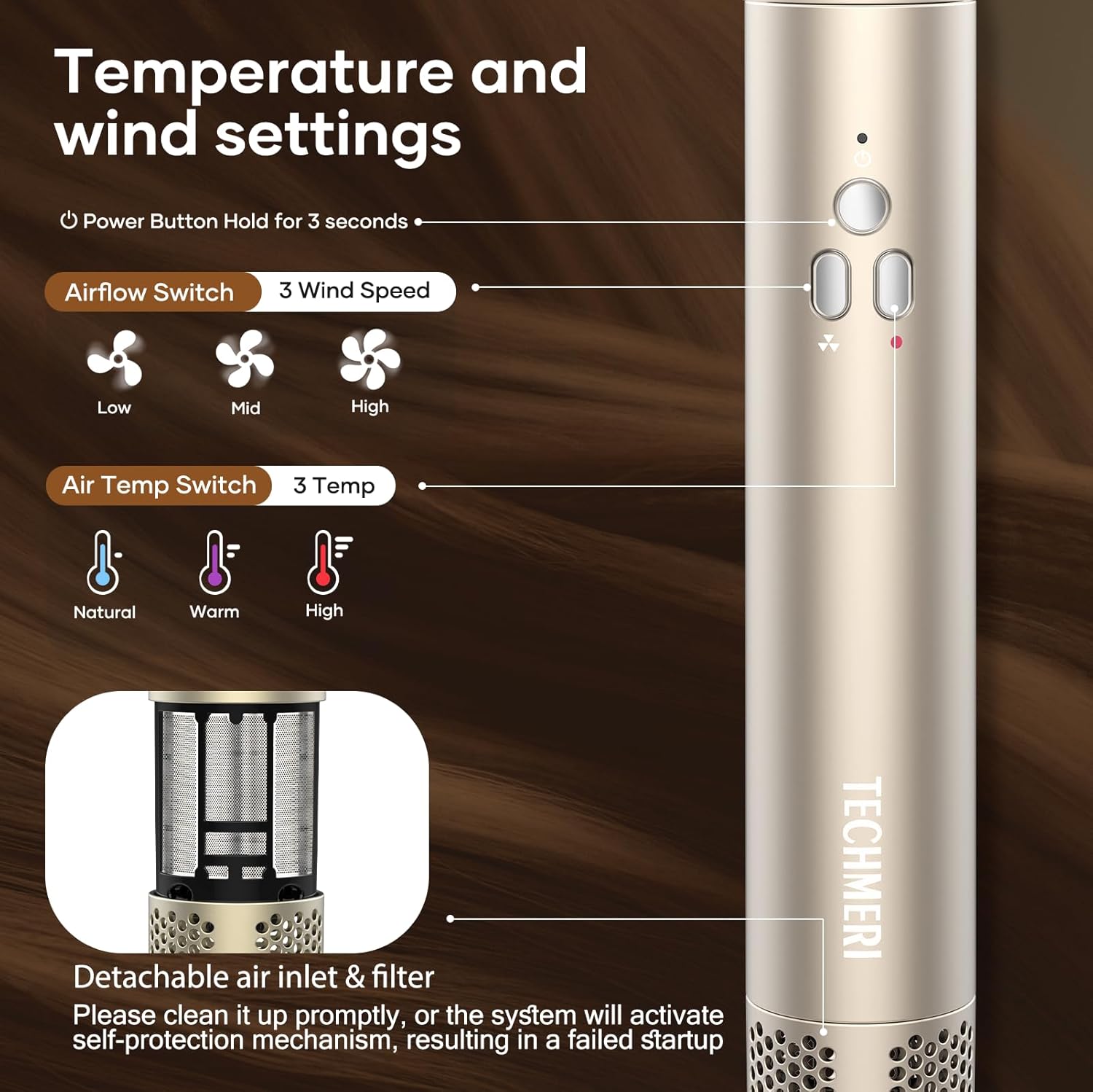 Hair Dryer Brush TECHMERI 6 in 1 Blow Dryer Brush Ions, Detachable Hair Styler Tools, Auto Wrap Curler, Hot Air Brush for Drying, Straightening and Volumizing