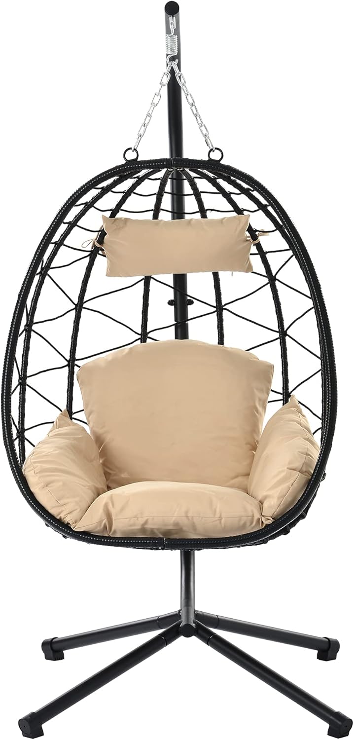 Egg Chair with Stand Indoor Outdoor Swing Chair Patio Wicker Hanging Egg Chair Hanging Basket Chair Hammock Chair with Stand for Bedroom Living Room Balcony (Beige)