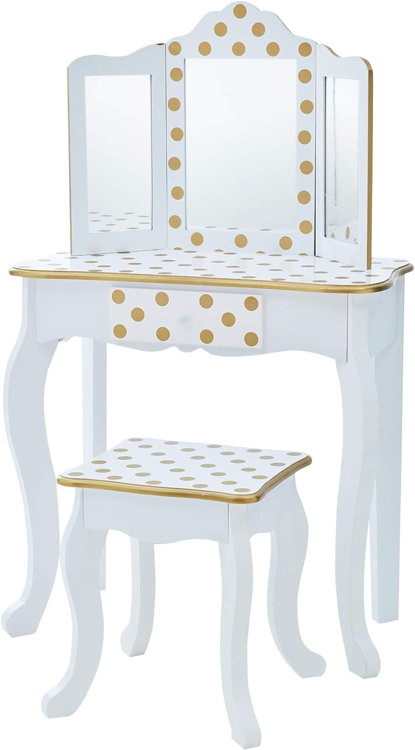Teamson Kids Pretend Play Kids Vanity, Table & Chair Vanity Set with Mirror, Girls Makeup Dressing Table with Storage Drawer & Polka Dot Print, Gisele Collection, Pink/Gold