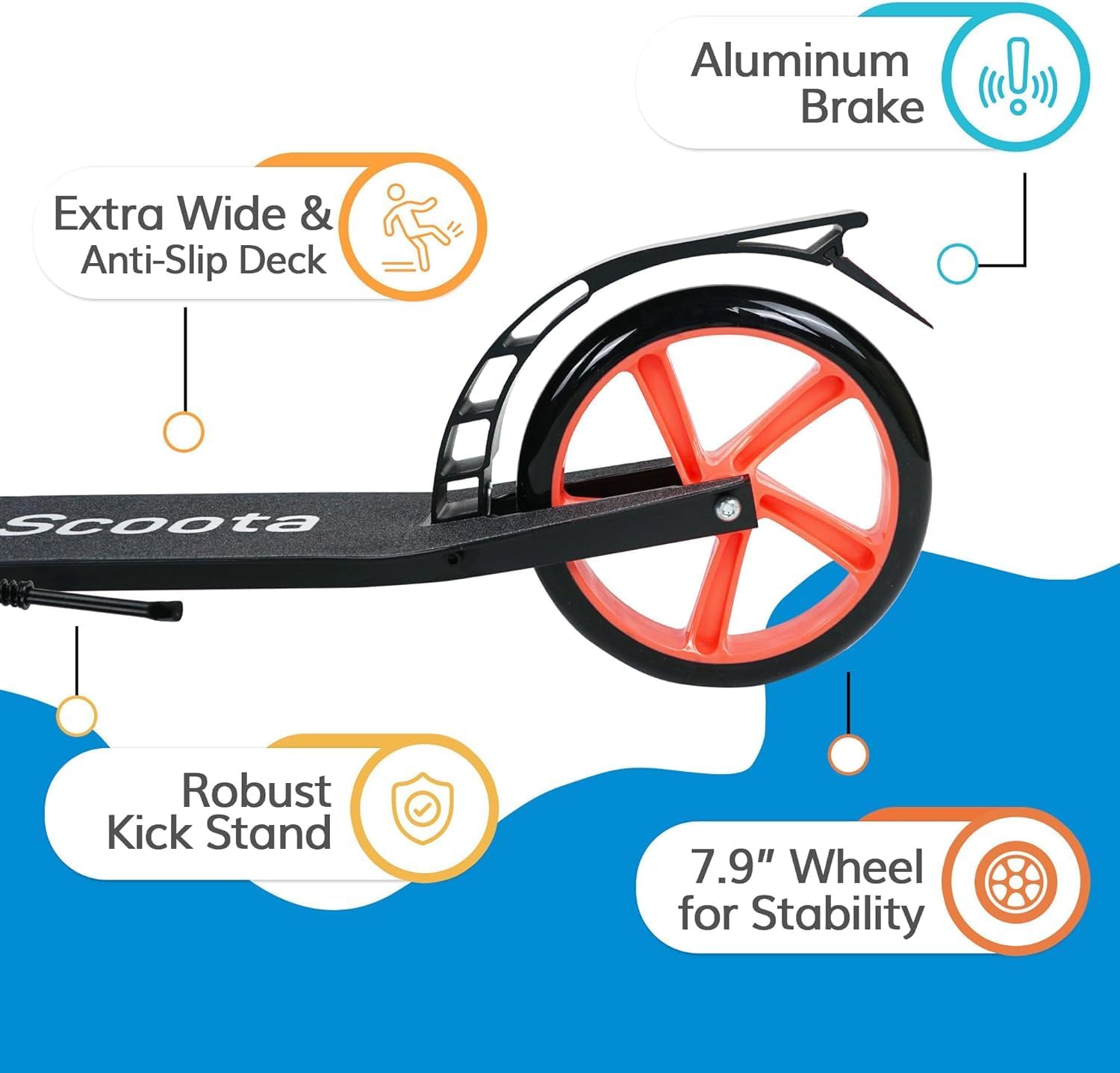 LaScoota Kick Scooter for Kids Ages 6+, Teens & Adults, Large 8 Sturdy Urethane Wheels. Adjustable Handlebar, Lightweight, Foldable, 220lbs Max Load