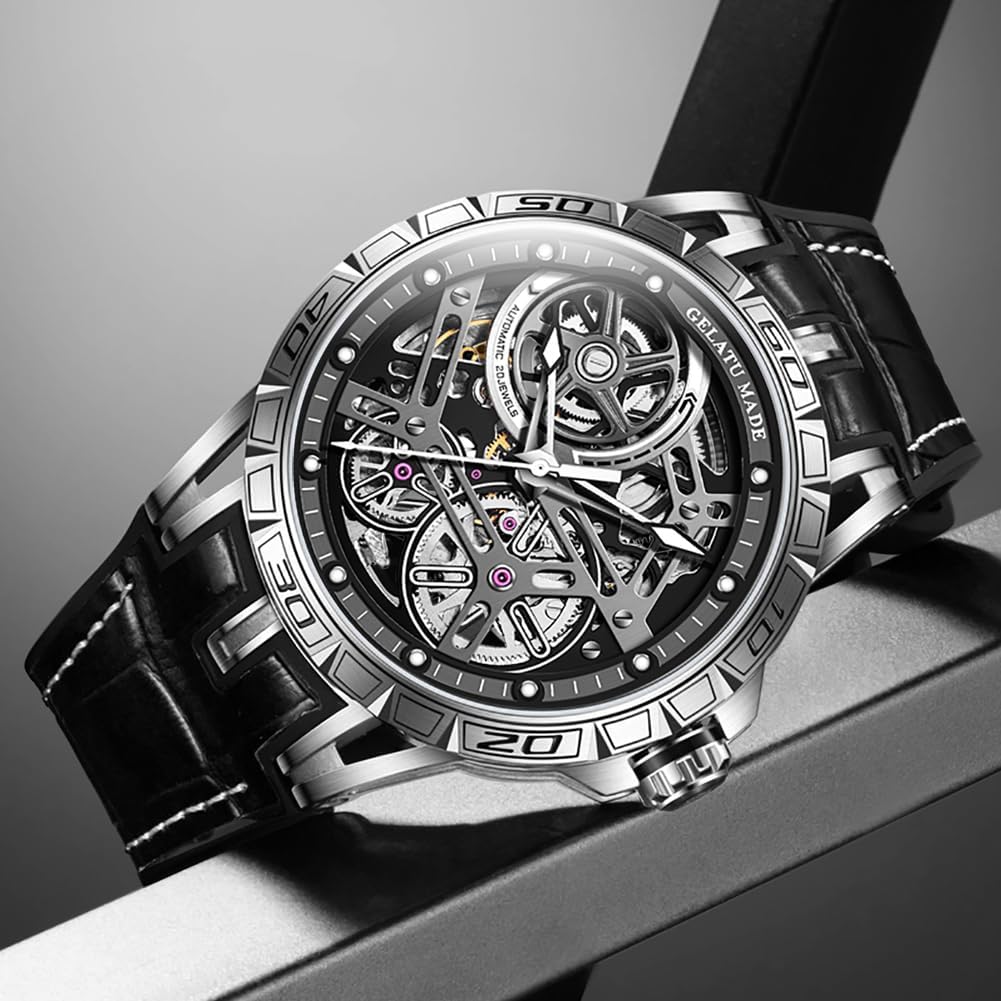 OUPINKE Skeleton Mens Watches Automatic Mechanical Luxury Watch Sapphire Crystal Leather Band Waterproof Luminous Wristwatch