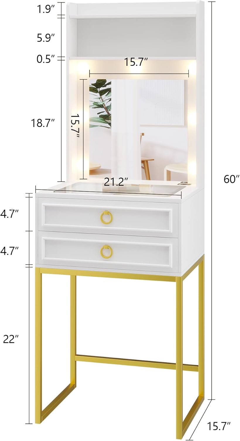 LVSOMT Small Makeup Vanity with Glass Top, White Vanity Desk with Lighted Mirror and Lights, Mini Makeup Table with Motion Sensor, Corner Dressing Table for Bedroom, Apartment