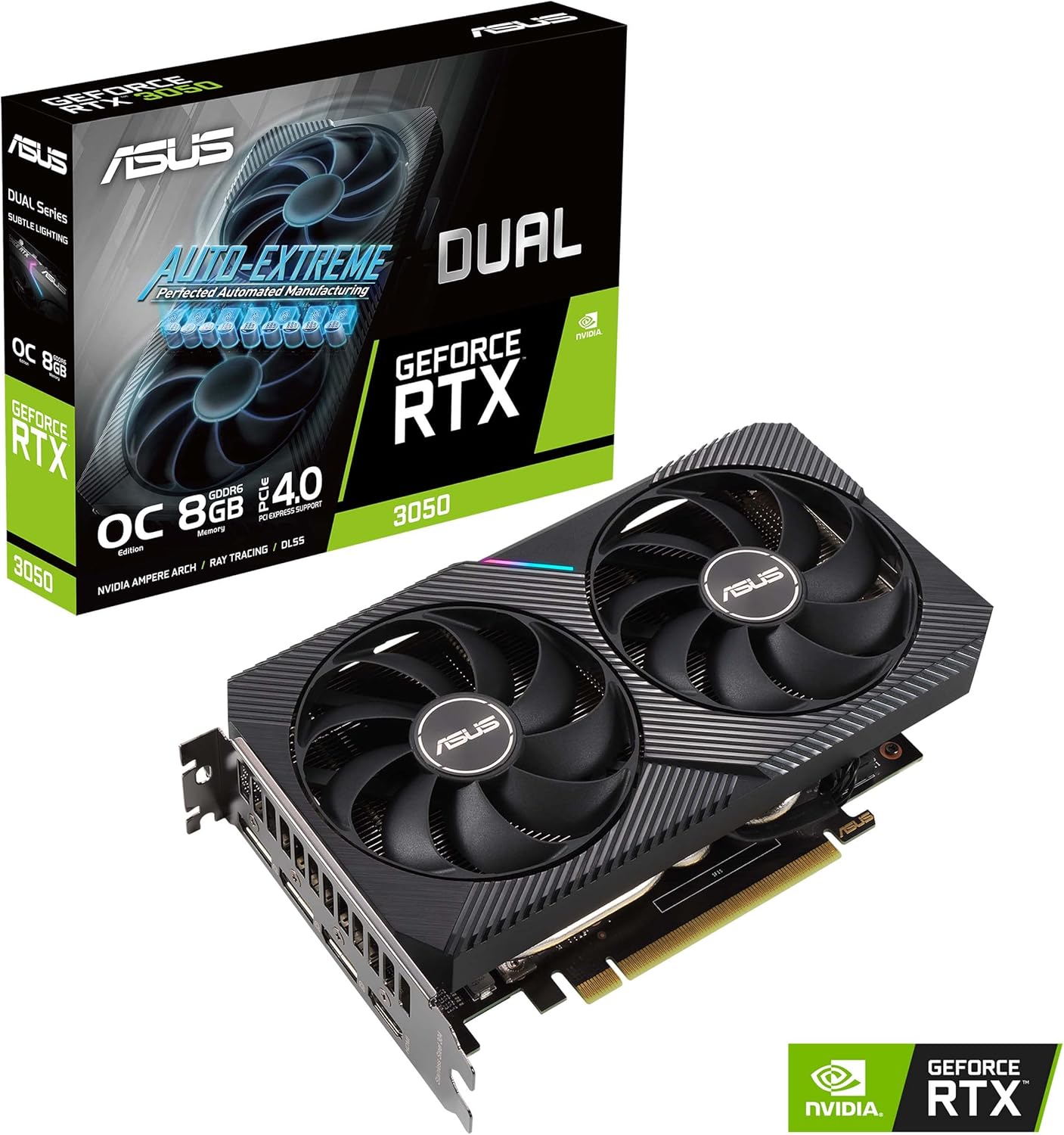 ASUS Dual NVIDIA GeForce RTX 3050 6GB OC Edition Gaming Graphics Card - PCIe 4.0, 6GB GDDR6 Memory, HDMI 2.1, DisplayPort 1.4a, 2-Slot Design, Axial-tech Fan Design, 0dB Technology, Steel Bracket