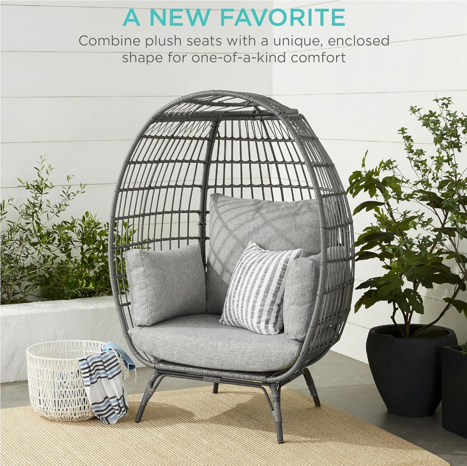 Best Choice Products Wicker Egg Chair, Oversized Indoor Outdoor Lounger for Patio, Backyard, Living Room w/ 4 Cushions, Steel Frame, 440lb Capacity - Gray/Heather Gray
