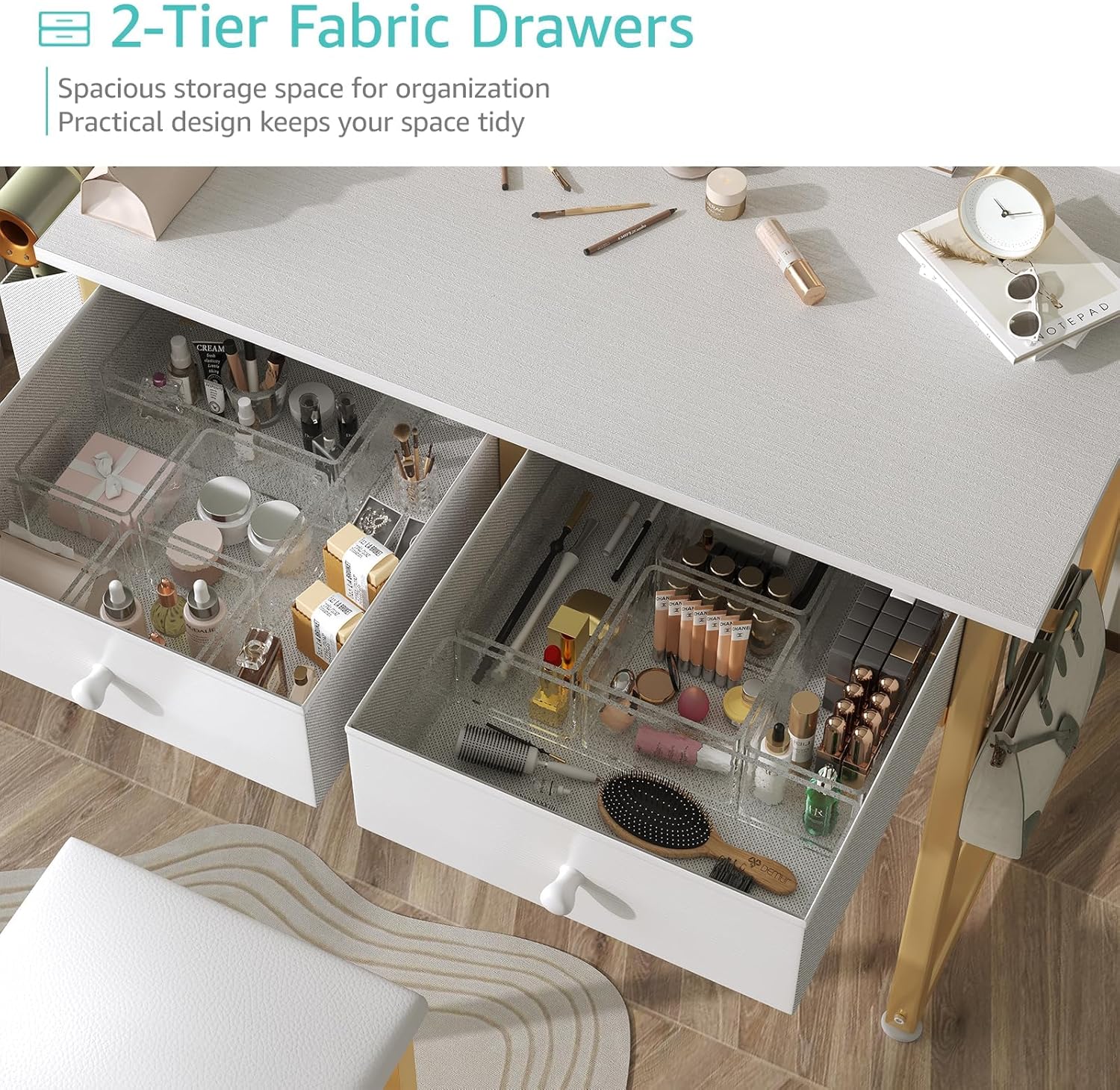 KAI-ROAD White and Gold Makeup Vanity Desk with Chair no Mirror, Small Vanity Table with Drawers, Power Outlet & Stool Without Mirror, Modern Make Up Desk Set for Bedroom