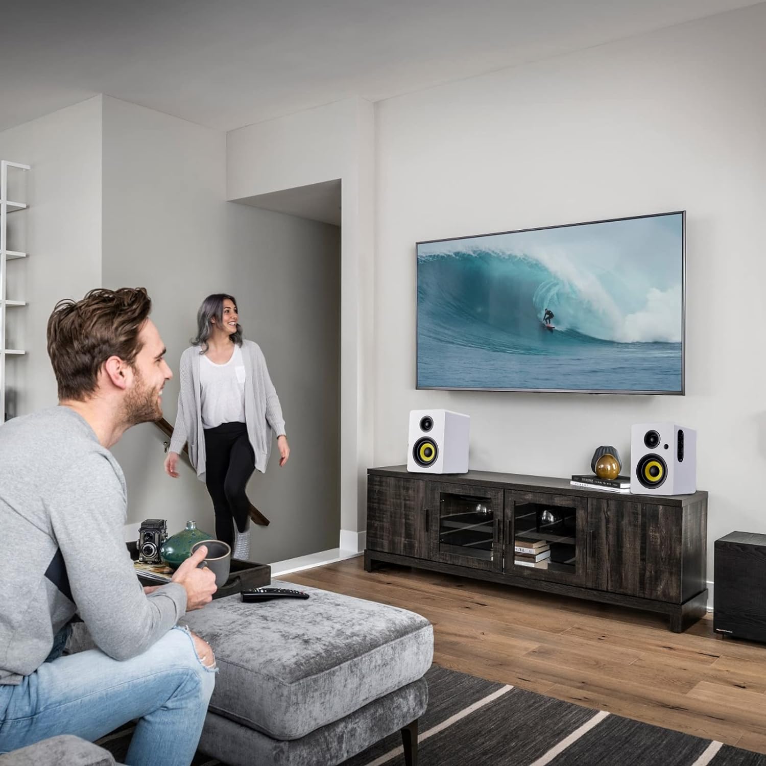 SW208 3 Active Bluetooth 5.0 Bookshelf Speakers – 60W Carbon Fiber Speaker Unit - Built-in 24bit DAC Dynamic 3D Surround Sound 2.0 Computer PC Monitor Gaming (Pair, White)