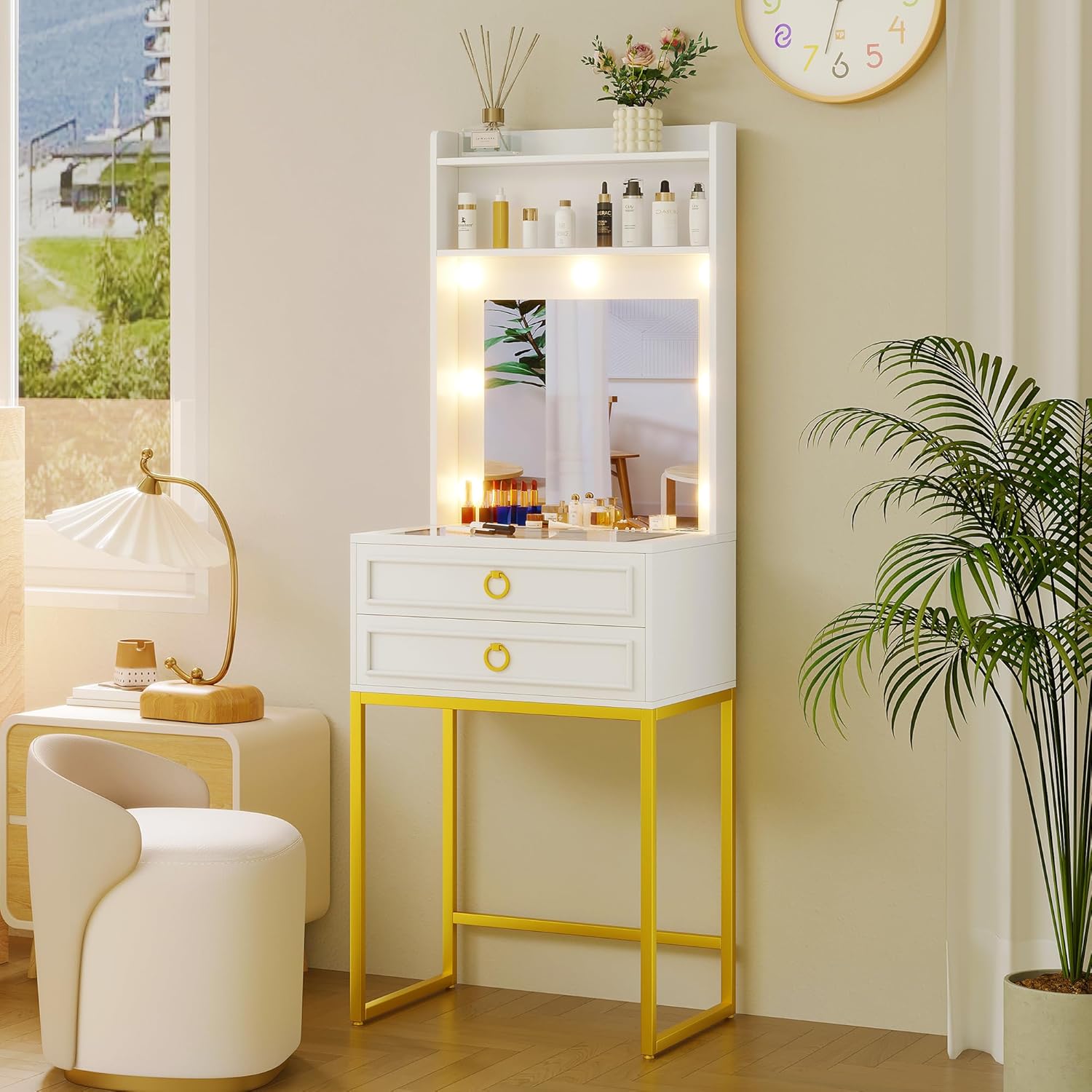 LVSOMT Small Makeup Vanity with Glass Top, White Vanity Desk with Lighted Mirror and Lights, Mini Makeup Table with Motion Sensor, Corner Dressing Table for Bedroom, Apartment