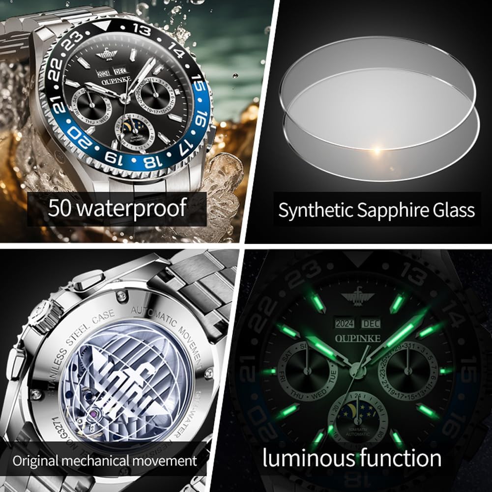 OUPINKE Men's Automatic Watch Self Winding Mechanical Luxury Wrist Watch Sapphire Crystal Tungsten Steel