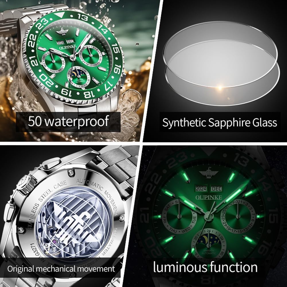 OUPINKE Men's Automatic Watch Self Winding Mechanical Luxury Wrist Watch Sapphire Crystal Tungsten Steel
