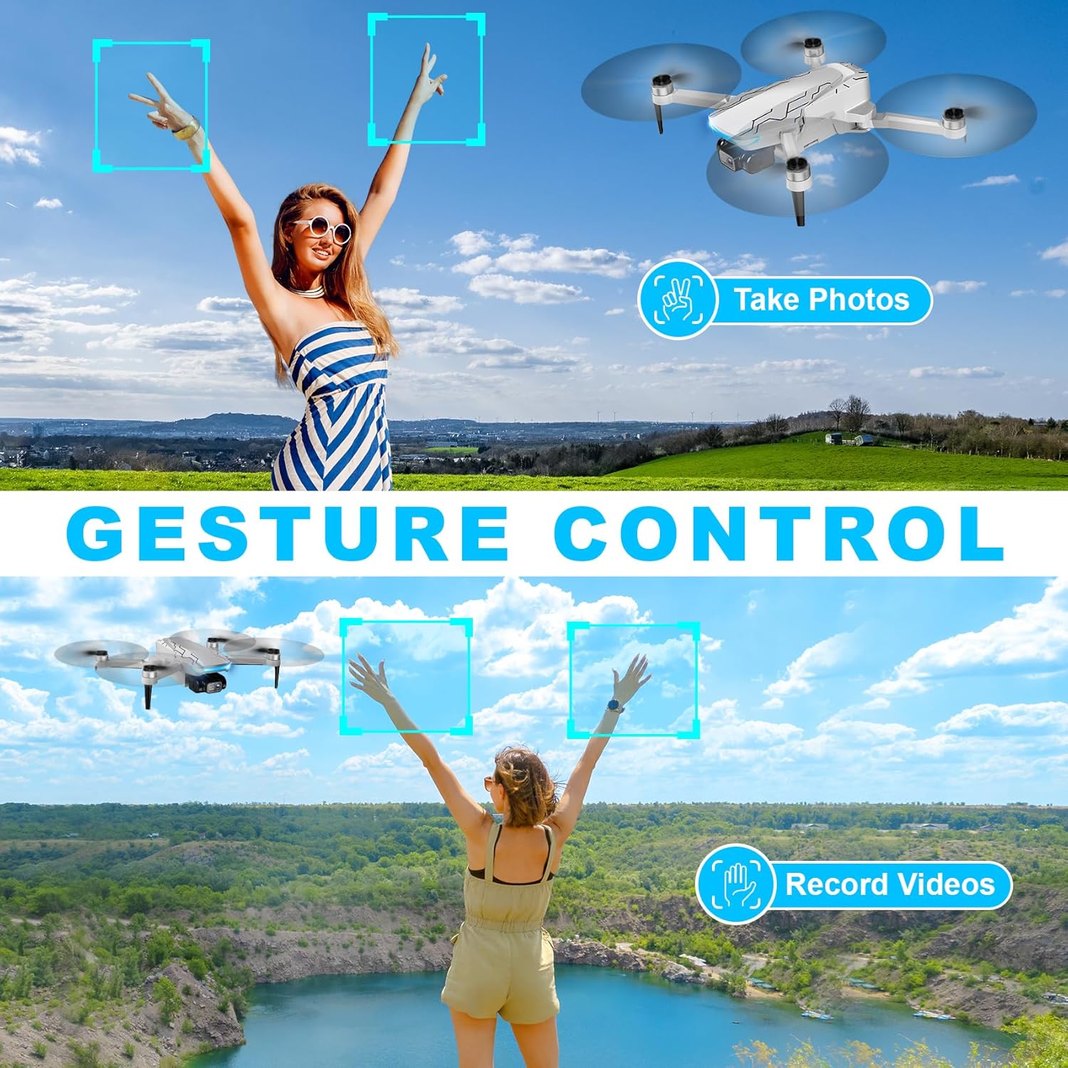 Dron con cámara, 2K HD FPV Drone con motor sin escobillas, 360 ° de labio, Waypoint Fly, Gesture Selfie, despegue y aterrizaje con una tecla, Mini Drone plegable para principiantes