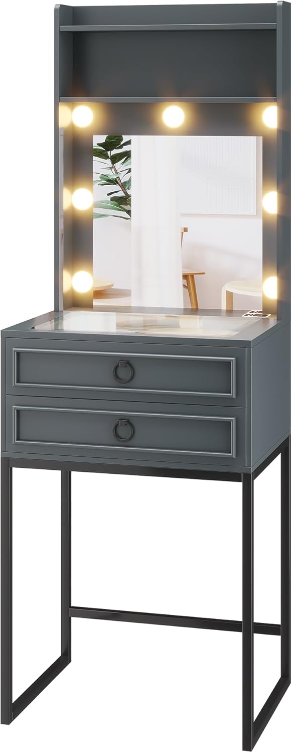 LVSOMT Small Makeup Vanity with Glass Top, White Vanity Desk with Lighted Mirror and Lights, Mini Makeup Table with Motion Sensor, Corner Dressing Table for Bedroom, Apartment