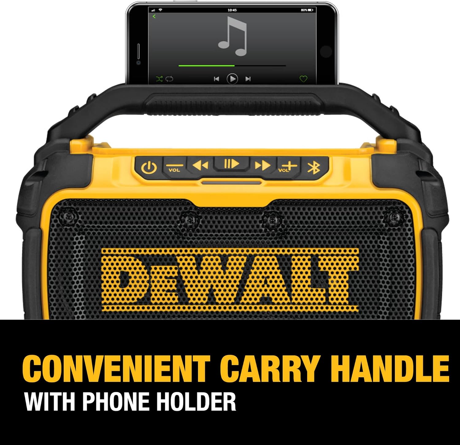 DEWALT 20V MAX Bluetooth Speaker, 100 ft Range, Durable for Jobsites, Phone Holder Included, Lasts 8-10 Hours with Single Charge (DCR010)