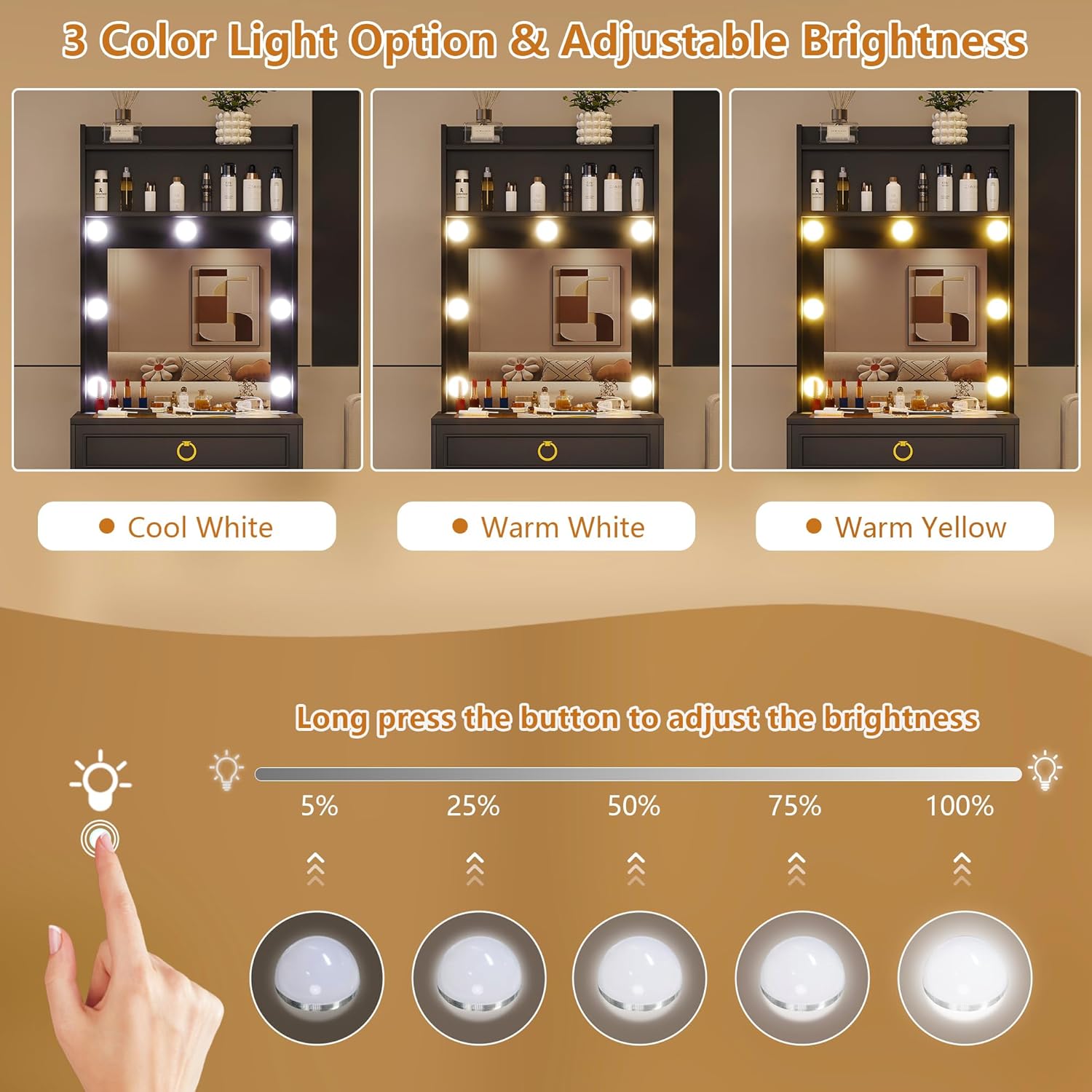 LVSOMT Small Makeup Vanity with Glass Top, White Vanity Desk with Lighted Mirror and Lights, Mini Makeup Table with Motion Sensor, Corner Dressing Table for Bedroom, Apartment