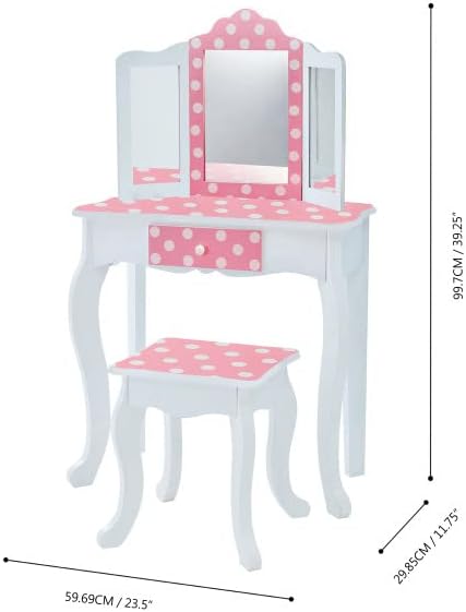 Teamson Kids Pretend Play Kids Vanity, Table & Chair Vanity Set with Mirror, Girls Makeup Dressing Table with Storage Drawer & Polka Dot Print, Gisele Collection, Pink/Gold