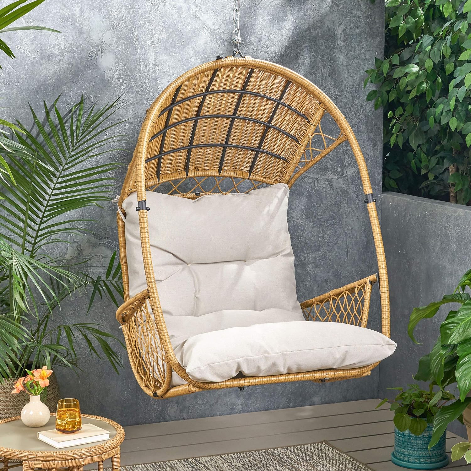 Christopher Knight Home Becky Wicker Hanging Chair with Cushion (Stand Not Included), White, Green
