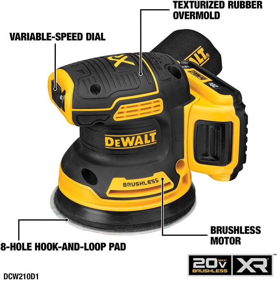 DEWALT 20V MAX Sander, Cordless, 5-Inch, 2.Ah, 8,000-12,000 OPM, Variable Speed Dial, Storage Bag, Battery and Charger Included (DCW210D1)