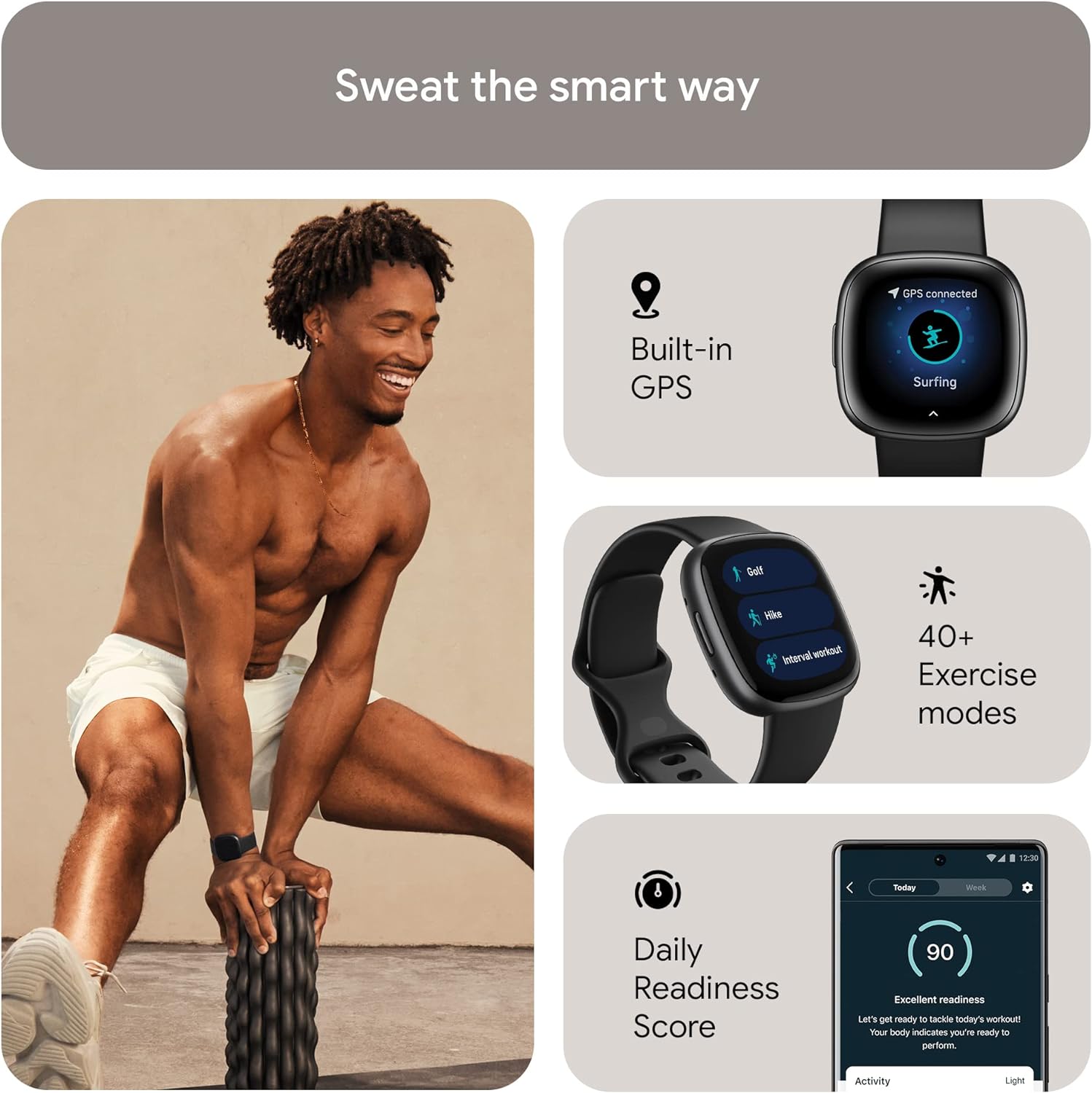 Fitbit Versa 4 Fitness Smartwatch with Daily Readiness, GPS, 24/7 Heart Rate, 40+ Exercise Modes, Sleep Tracking and more, Waterfall Blue/Platinum, One Size (S & L Bands Included)