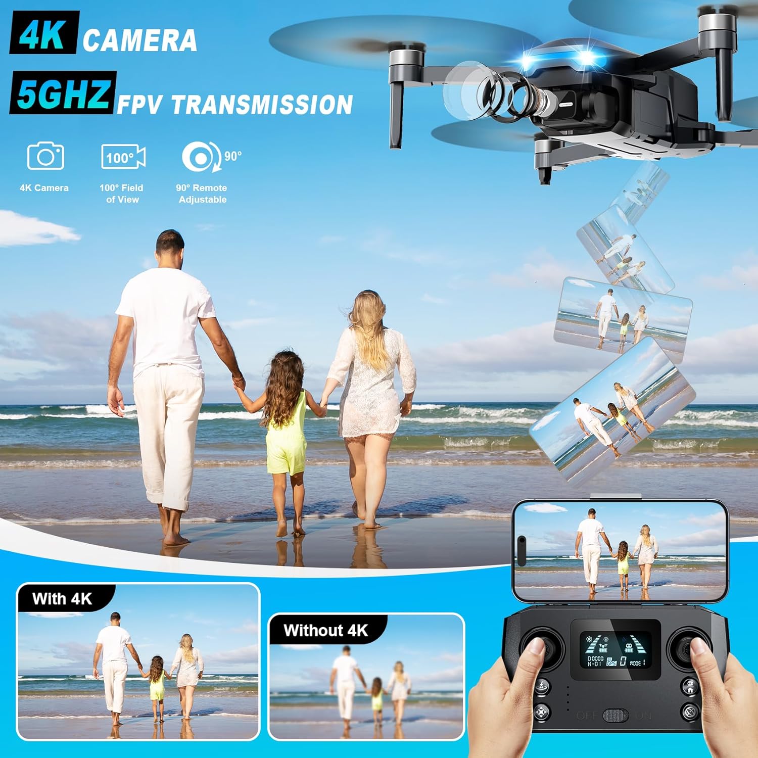 Drone con cámara 4K, FPV Drones 248G RC Plane GPS Drone para adultos con motor sin escobillas, transmisión 5G, vuelo de punto de ruta, retorno automático, control de gestos, baterías, vuelo de 46