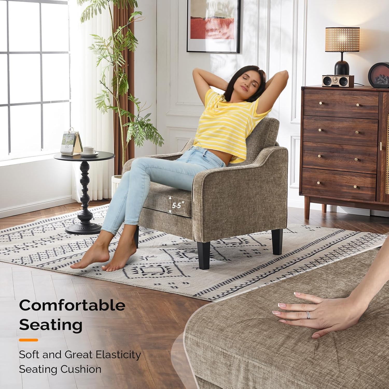 VINGLI Mid Century Modern Fabric Accent Chair,Beige for Living Room Upholstered Armchair with Scooped Arms for Bedroom,Apartment,Studio,Office,Waiting Room,Beige