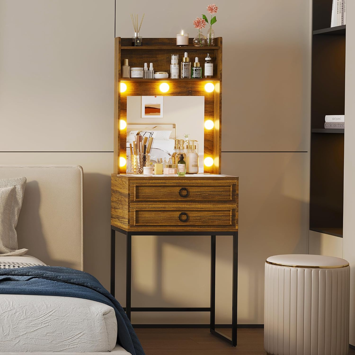 LVSOMT Small Makeup Vanity with Glass Top, White Vanity Desk with Lighted Mirror and Lights, Mini Makeup Table with Motion Sensor, Corner Dressing Table for Bedroom, Apartment