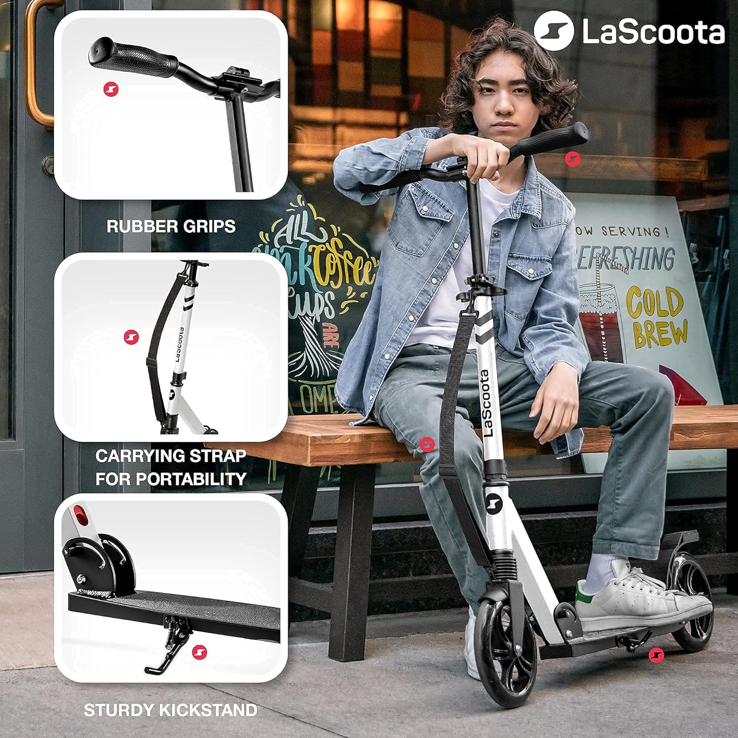LaScoota Kick Scooter for Kids Ages 6+, Teens & Adults, Large 8 Sturdy Urethane Wheels. Adjustable Handlebar, Lightweight, Foldable, 220lbs Max Load