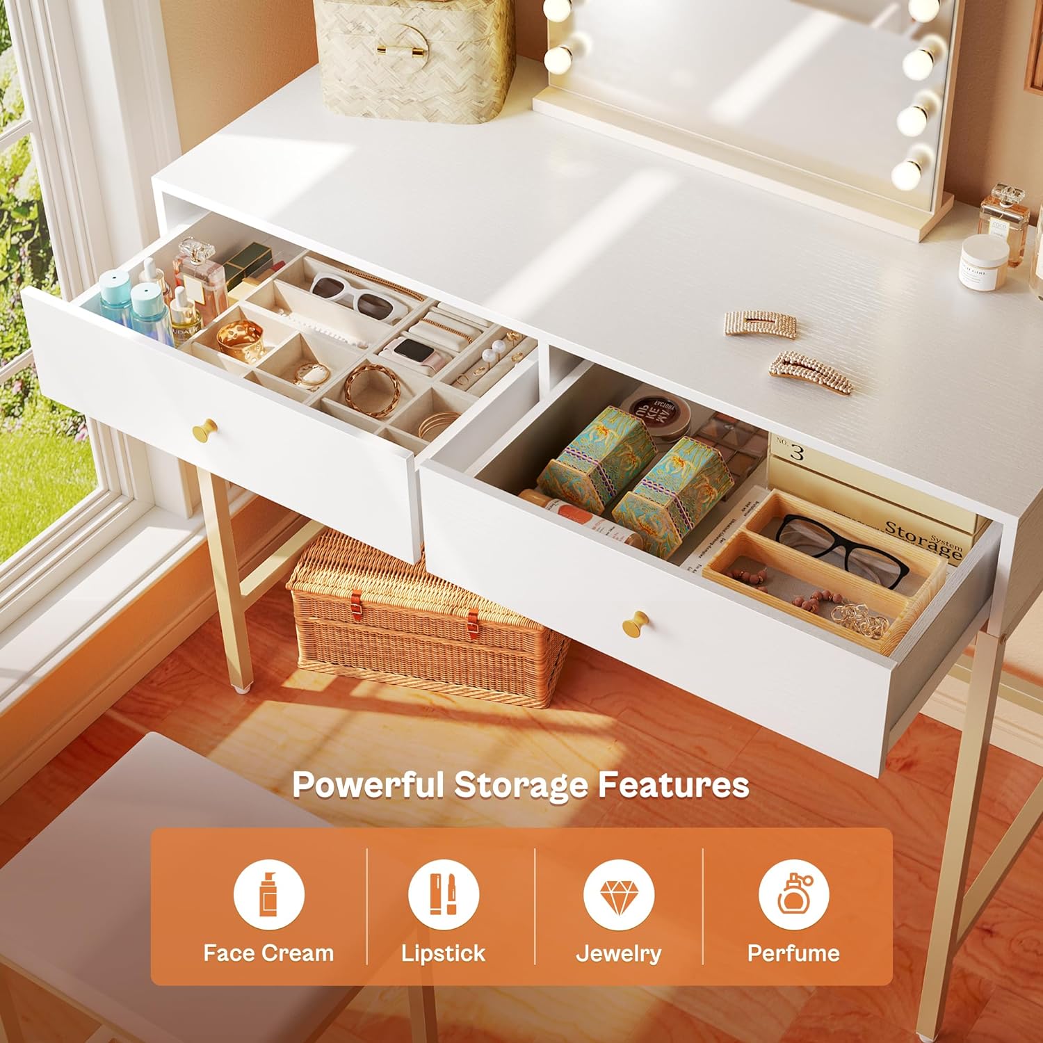 SUPERJARE 35.4 White and Gold Desk with 2 Drawers, Modern Makeup Vanity Desk with Padded Stool, Small Computer Desk Home Office Desk for Writing Study Bedroom