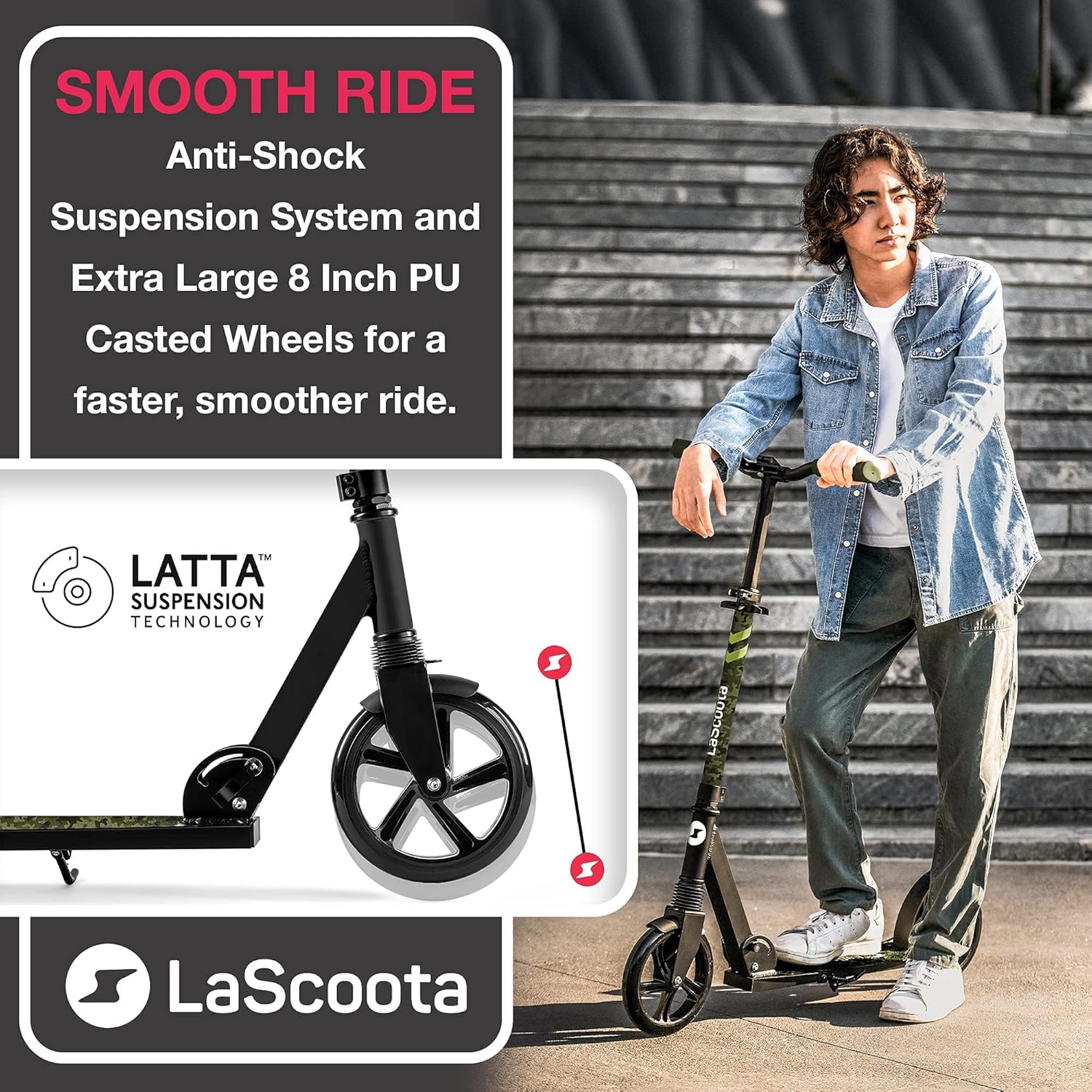 LaScoota Kick Scooter for Kids Ages 6+, Teens & Adults, Large 8 Sturdy Urethane Wheels. Adjustable Handlebar, Lightweight, Foldable, 220lbs Max Load