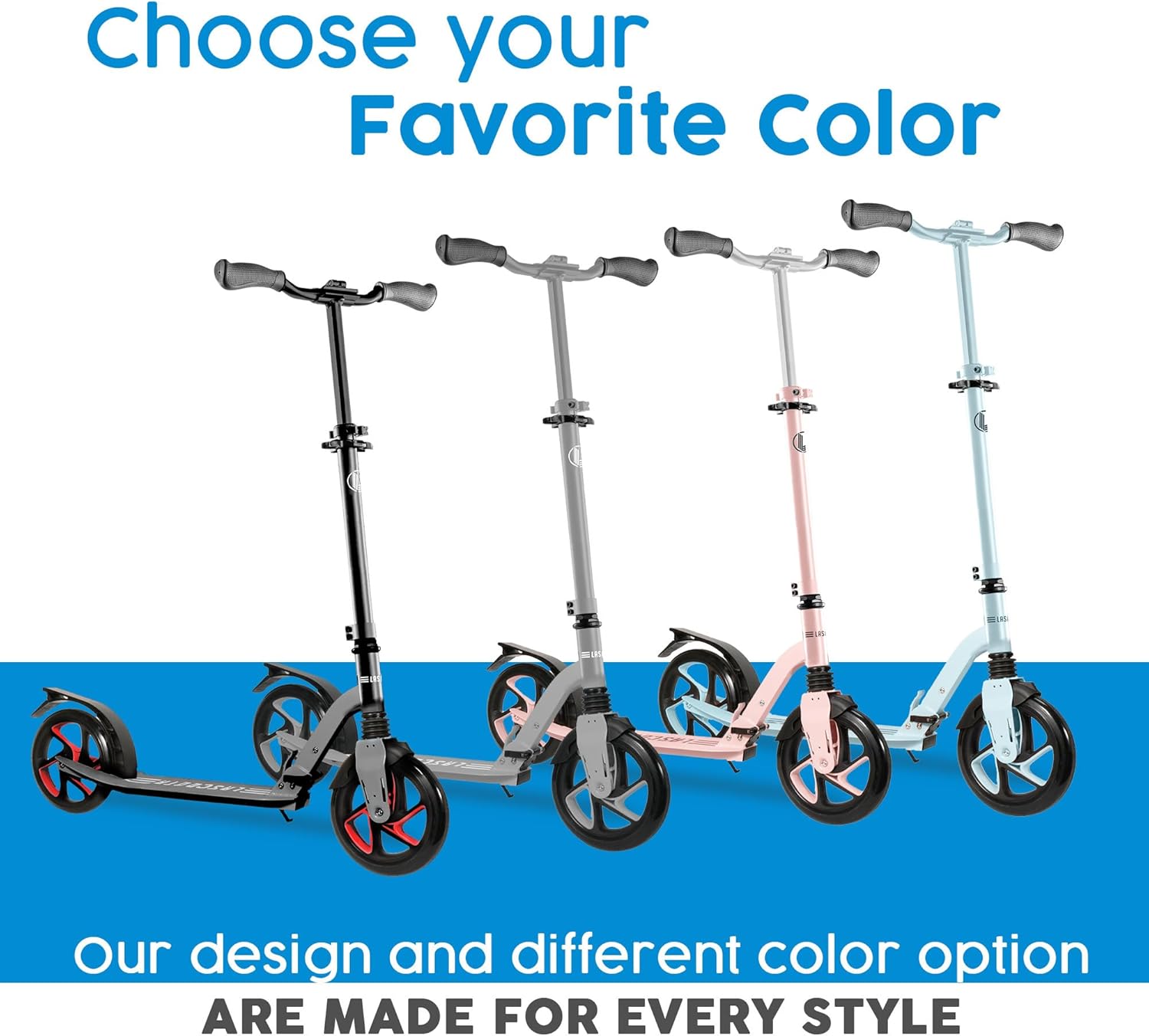 LaScoota Kick Scooter for Kids Ages 6+, Teens & Adults, Large 8 Sturdy Urethane Wheels. Adjustable Handlebar, Lightweight, Foldable, 220lbs Max Load