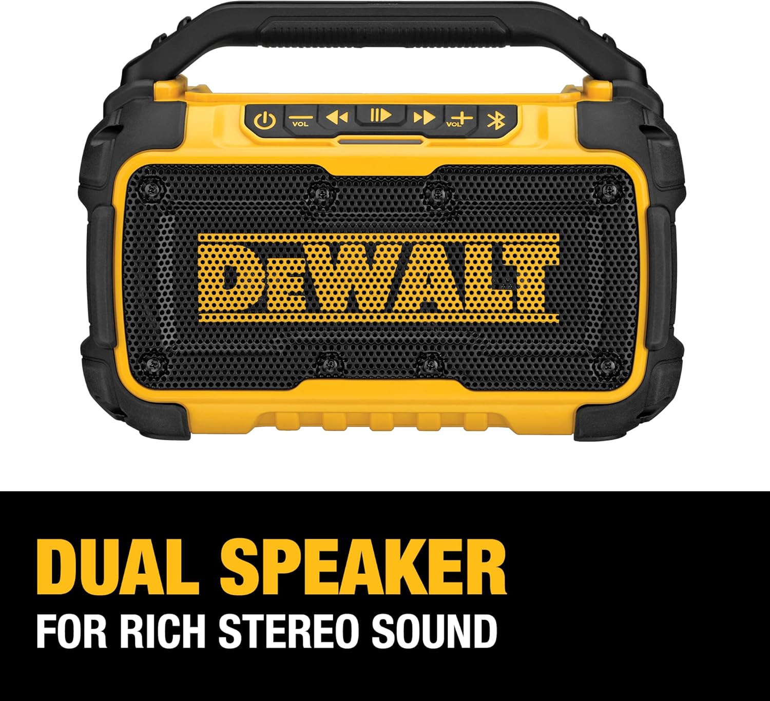 DEWALT 20V MAX Bluetooth Speaker, 100 ft Range, Durable for Jobsites, Phone Holder Included, Lasts 8-10 Hours with Single Charge (DCR010)