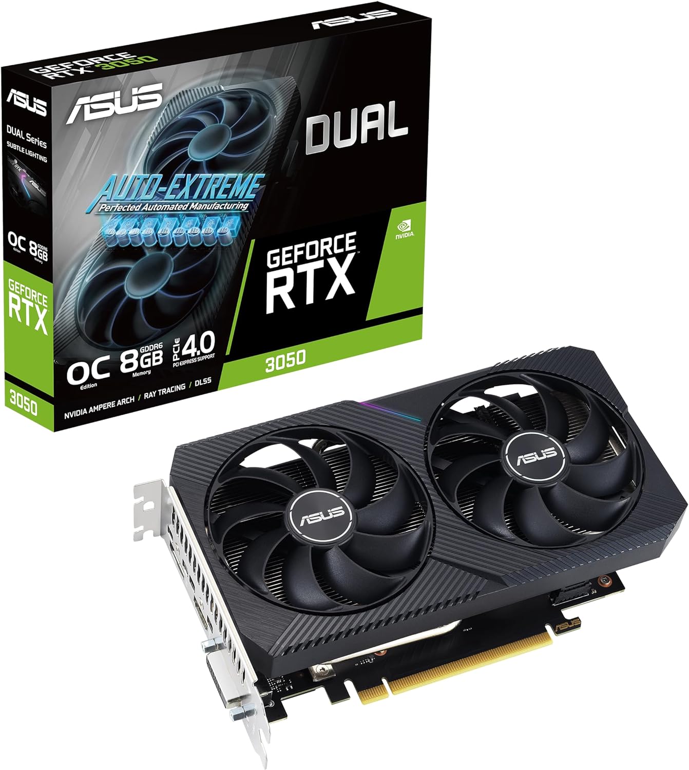 ASUS Dual NVIDIA GeForce RTX 3050 6GB OC Edition Gaming Graphics Card - PCIe 4.0, 6GB GDDR6 Memory, HDMI 2.1, DisplayPort 1.4a, 2-Slot Design, Axial-tech Fan Design, 0dB Technology, Steel Bracket