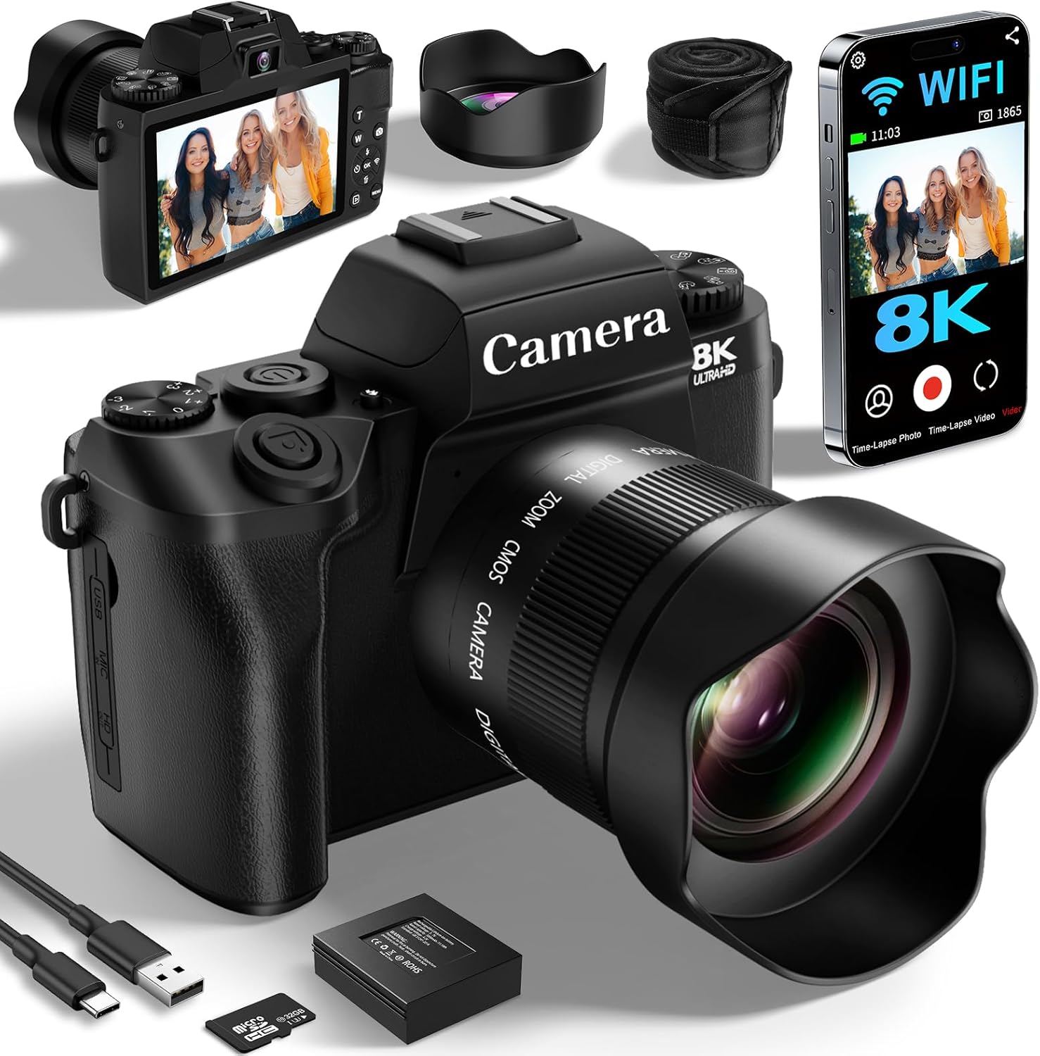 Saneen Digital Camera, 8k Cameras for Photography, 64MP WiFi Touch Screen Vlogging Camera with Flash, 32GB SD Card, Lens Hood,3000mAH Battery, Front and Rear Cameras,Hot Shoe Interface Beginner