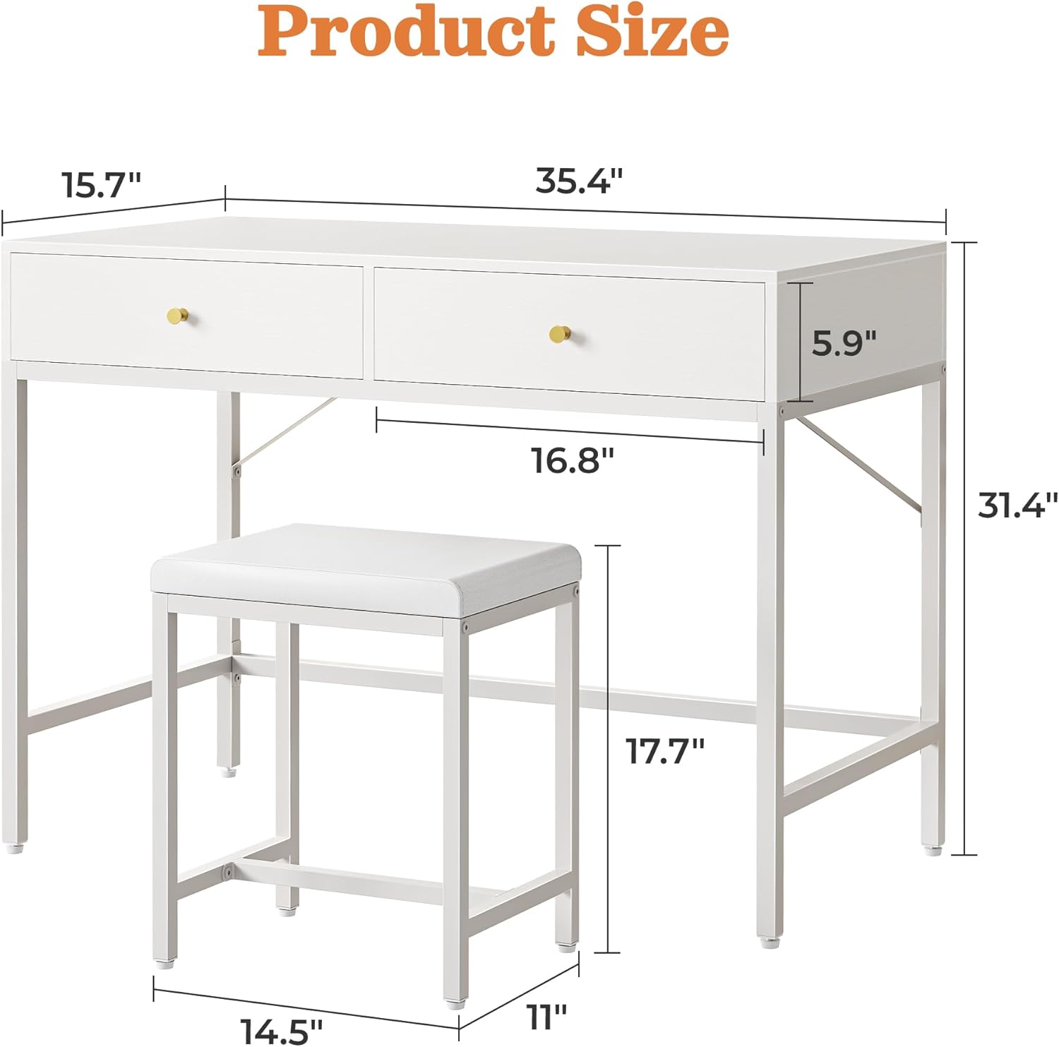 SUPERJARE 35.4 White and Gold Desk with 2 Drawers, Modern Makeup Vanity Desk with Padded Stool, Small Computer Desk Home Office Desk for Writing Study Bedroom