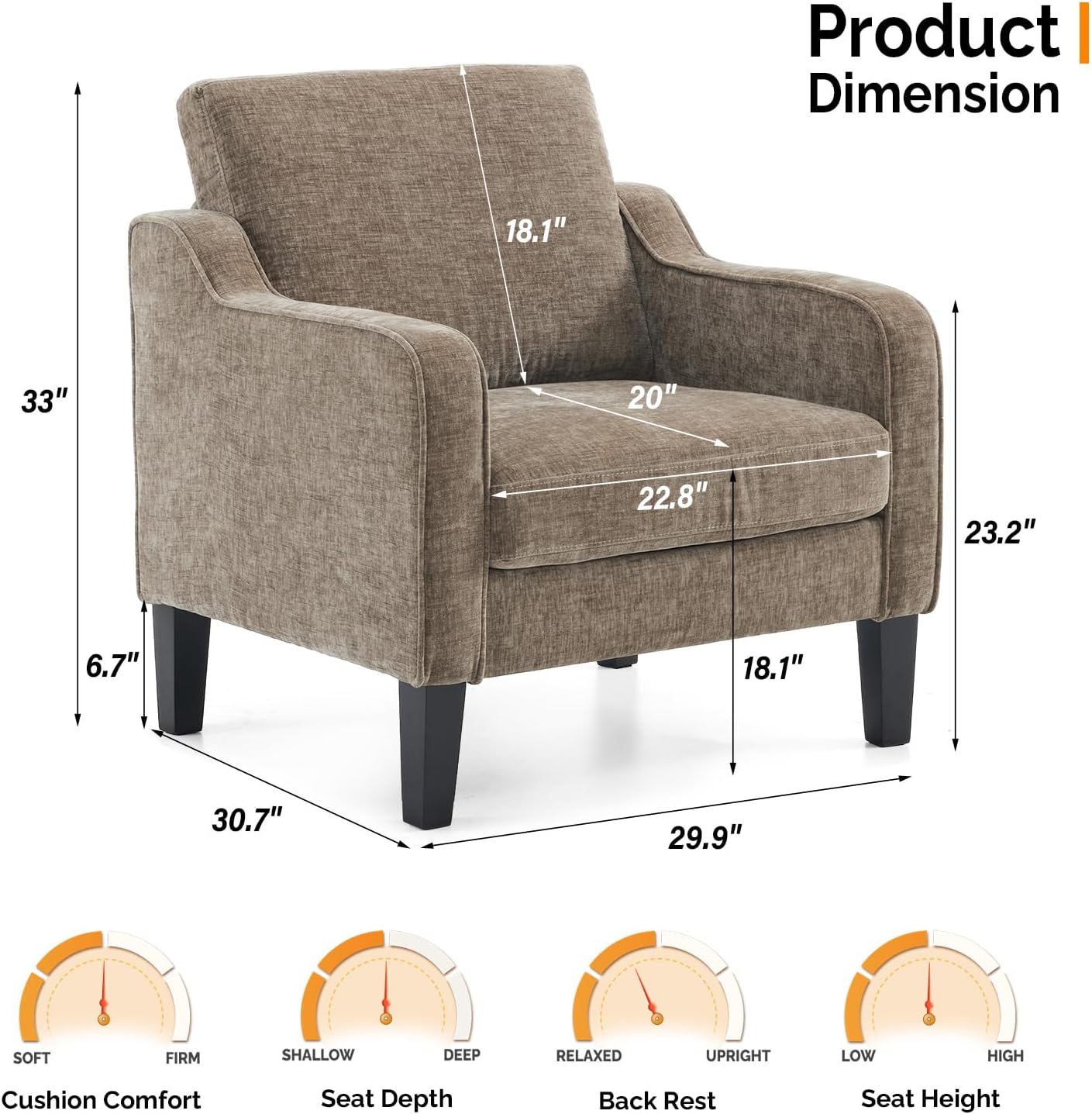 VINGLI Mid Century Modern Fabric Accent Chair,Beige for Living Room Upholstered Armchair with Scooped Arms for Bedroom,Apartment,Studio,Office,Waiting Room,Beige