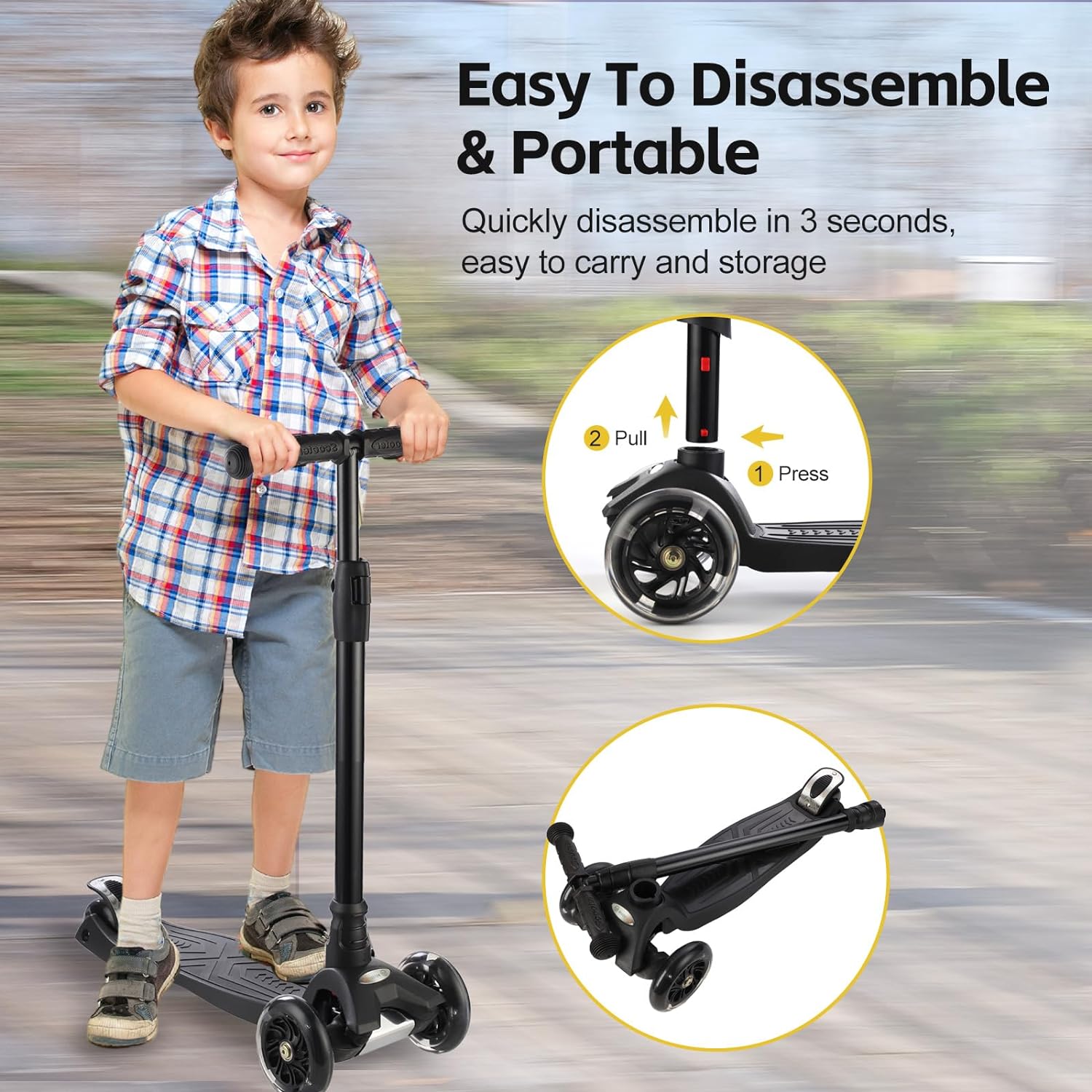 3 Wheel Scooter for Kids Ages 6-12,Kids Scooter with Light Up Wheels, Sturdy Deck Design, and 4 Height Adjustable Suitable for Kids Ages 3-12