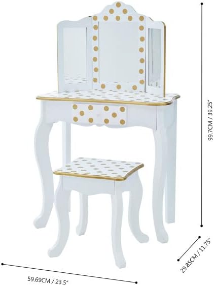 Teamson Kids Pretend Play Kids Vanity, Table & Chair Vanity Set with Mirror, Girls Makeup Dressing Table with Storage Drawer & Polka Dot Print, Gisele Collection, Pink/Gold