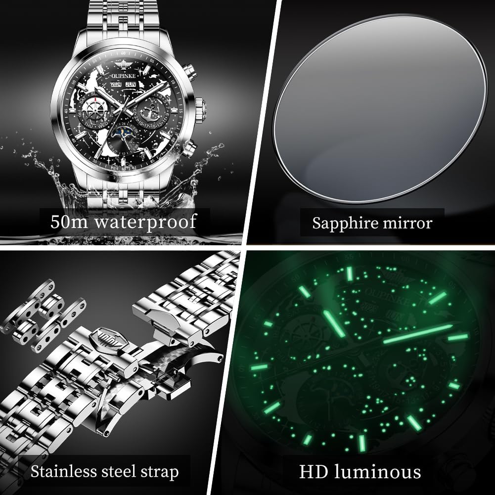 OUPINKE Men's Automatic Watch Self Winding Mechanical Luxury Wrist Watch Sapphire Crystal Tungsten Steel