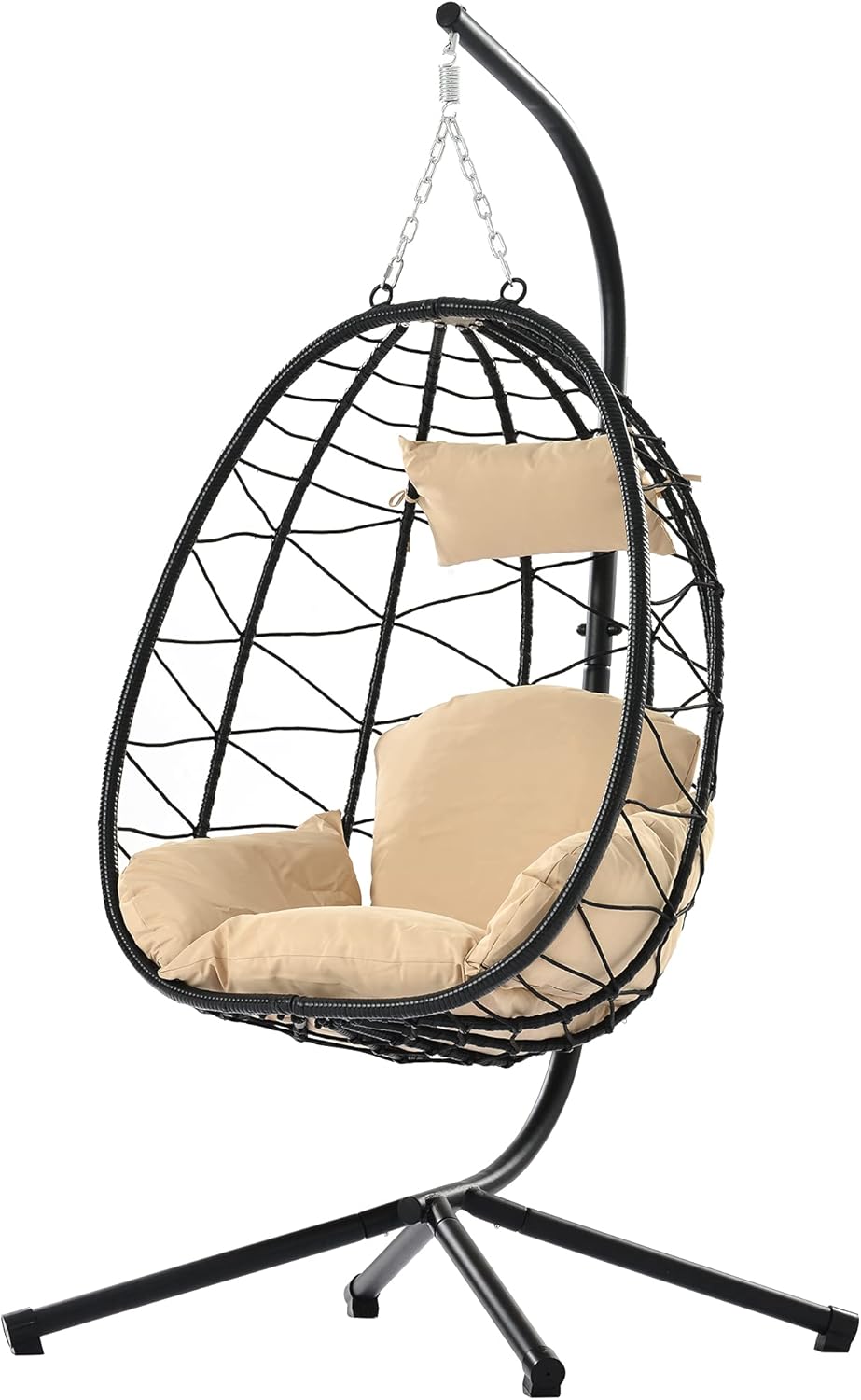Egg Chair with Stand Indoor Outdoor Swing Chair Patio Wicker Hanging Egg Chair Hanging Basket Chair Hammock Chair with Stand for Bedroom Living Room Balcony (Beige)
