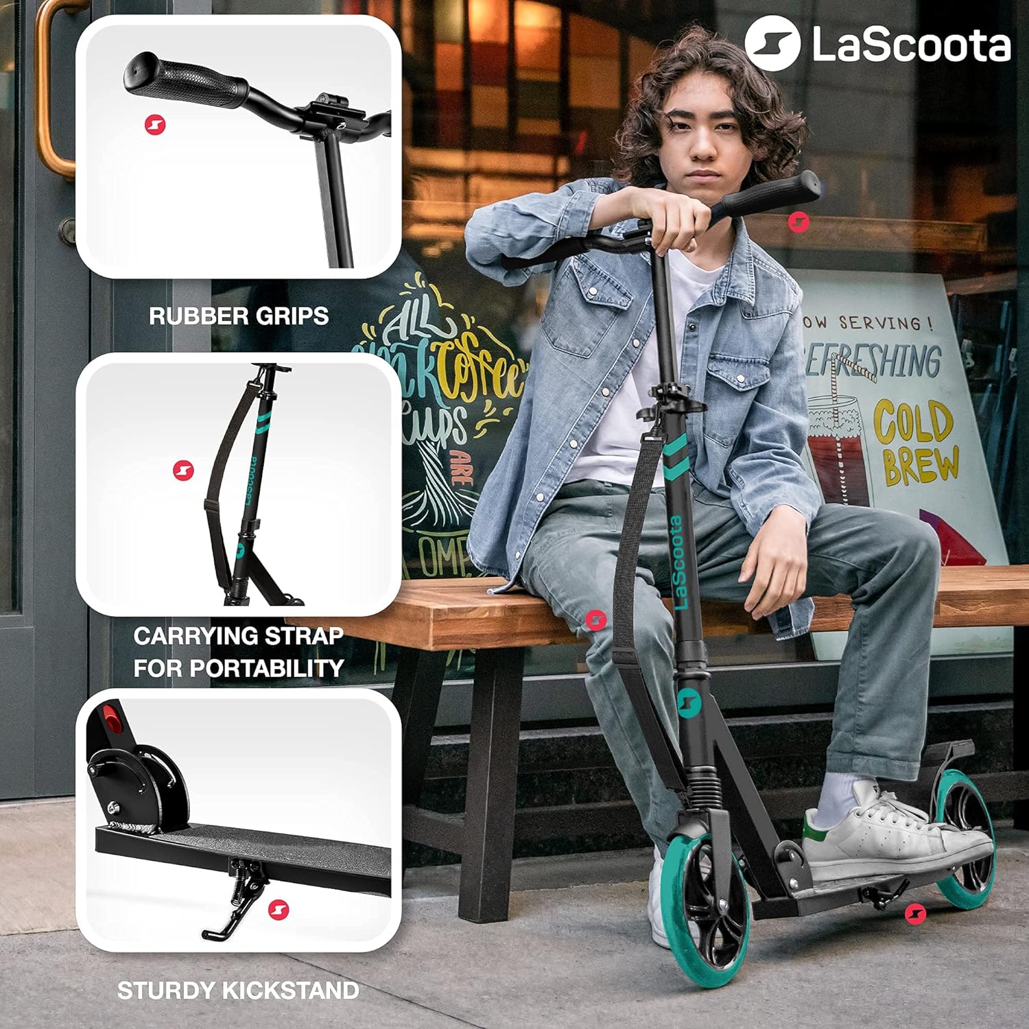 LaScoota Kick Scooter for Kids Ages 6+, Teens & Adults, Large 8 Sturdy Urethane Wheels. Adjustable Handlebar, Lightweight, Foldable, 220lbs Max Load